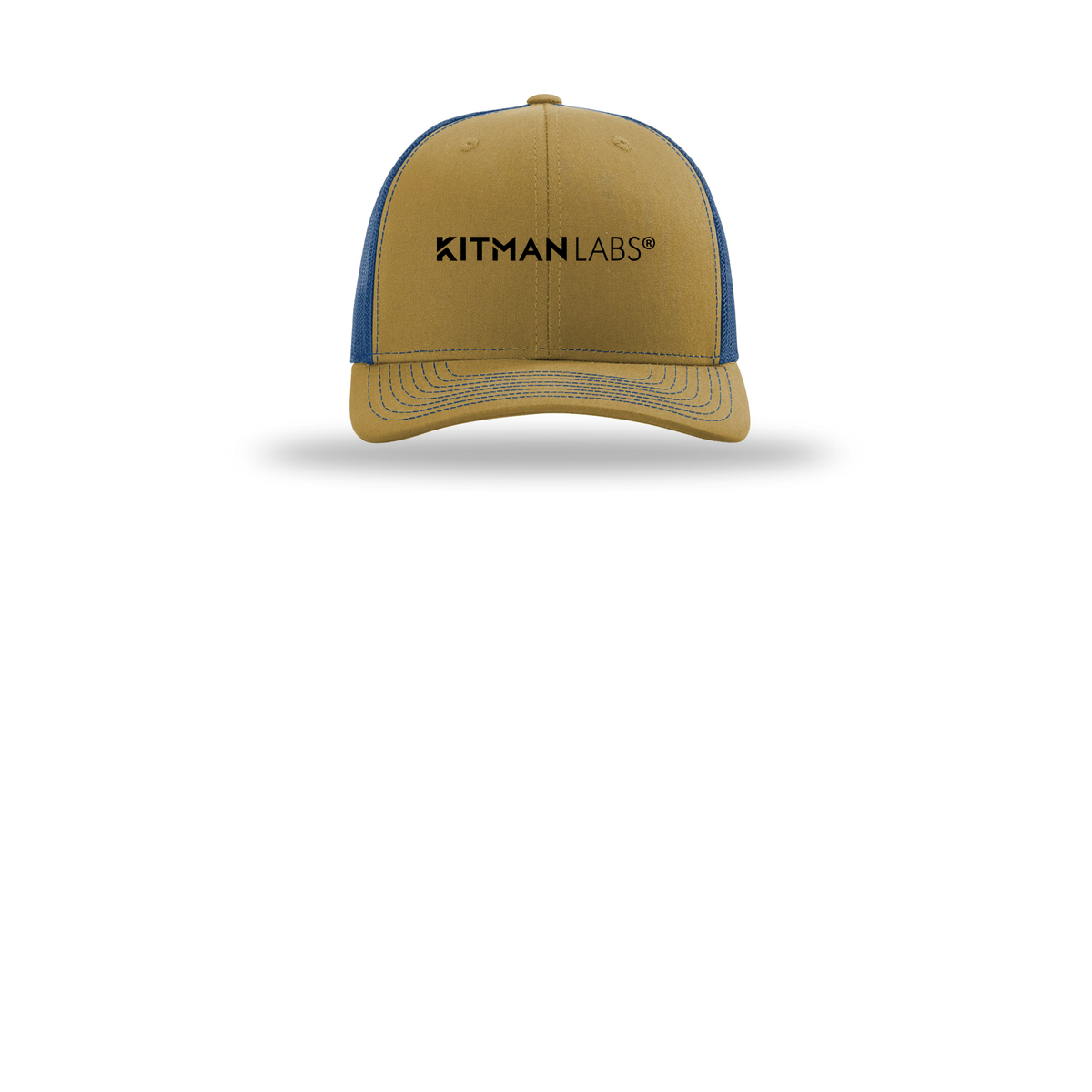 kitmanlabs-richardson-trucker-cap-embroidery-capfront-R112-biscuittrueblue-flat-front