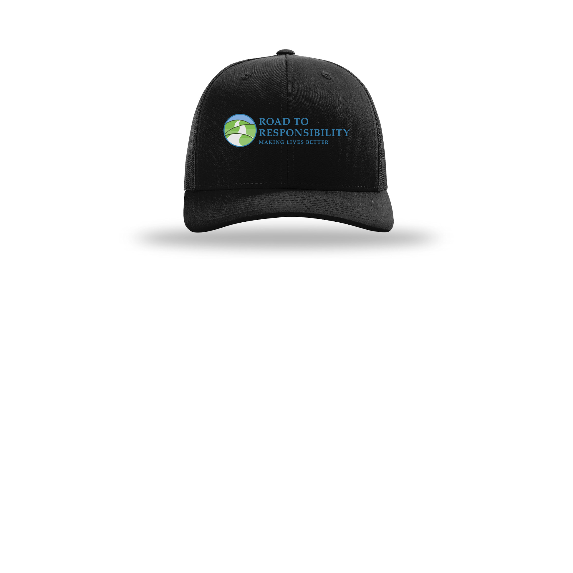 roadtoresponsibility-richardson-trucker-cap-embroidery-capfront-R112-black-flat-front