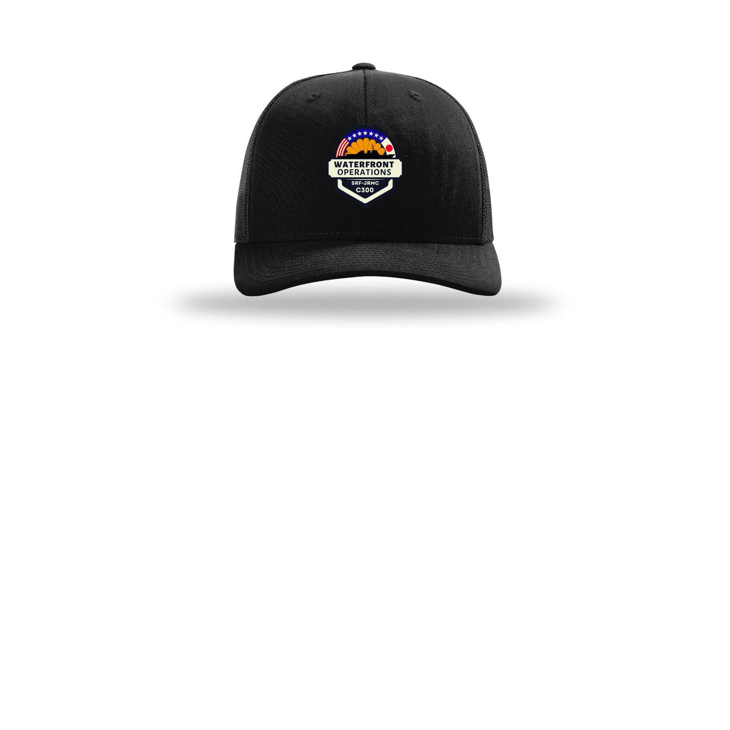waterfront-operations-retro-trucker-cap-embroidery-capfront-R112-black-flat-front