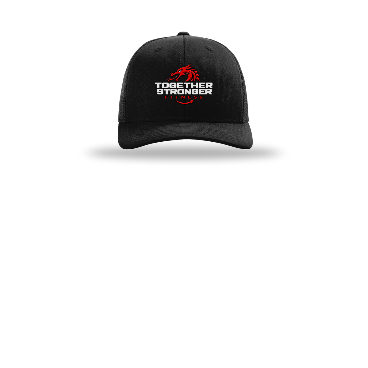 togetherstrongerfitness-richardson-trucker-cap-embroidery-capfront-R112-black-flat-front