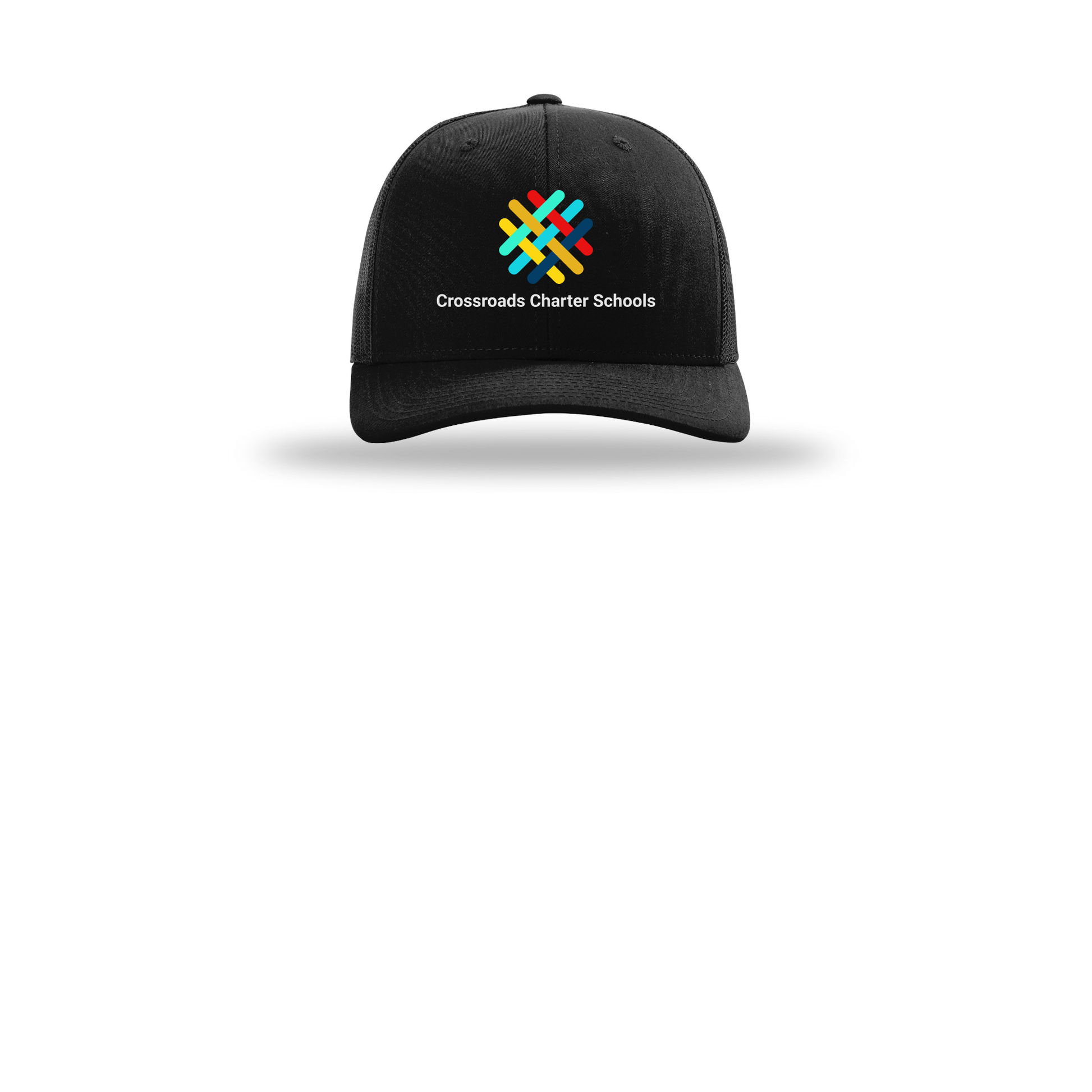 crossroadsschoolskc-richardson-trucker-cap-embroidery-capfront-R112-black-flat-front