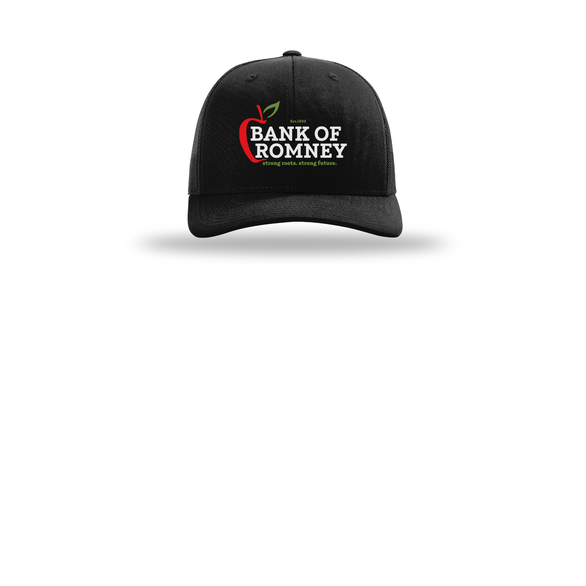 bankofromney-richardson-trucker-cap-embroidery-capfront-R112-black-flat-front