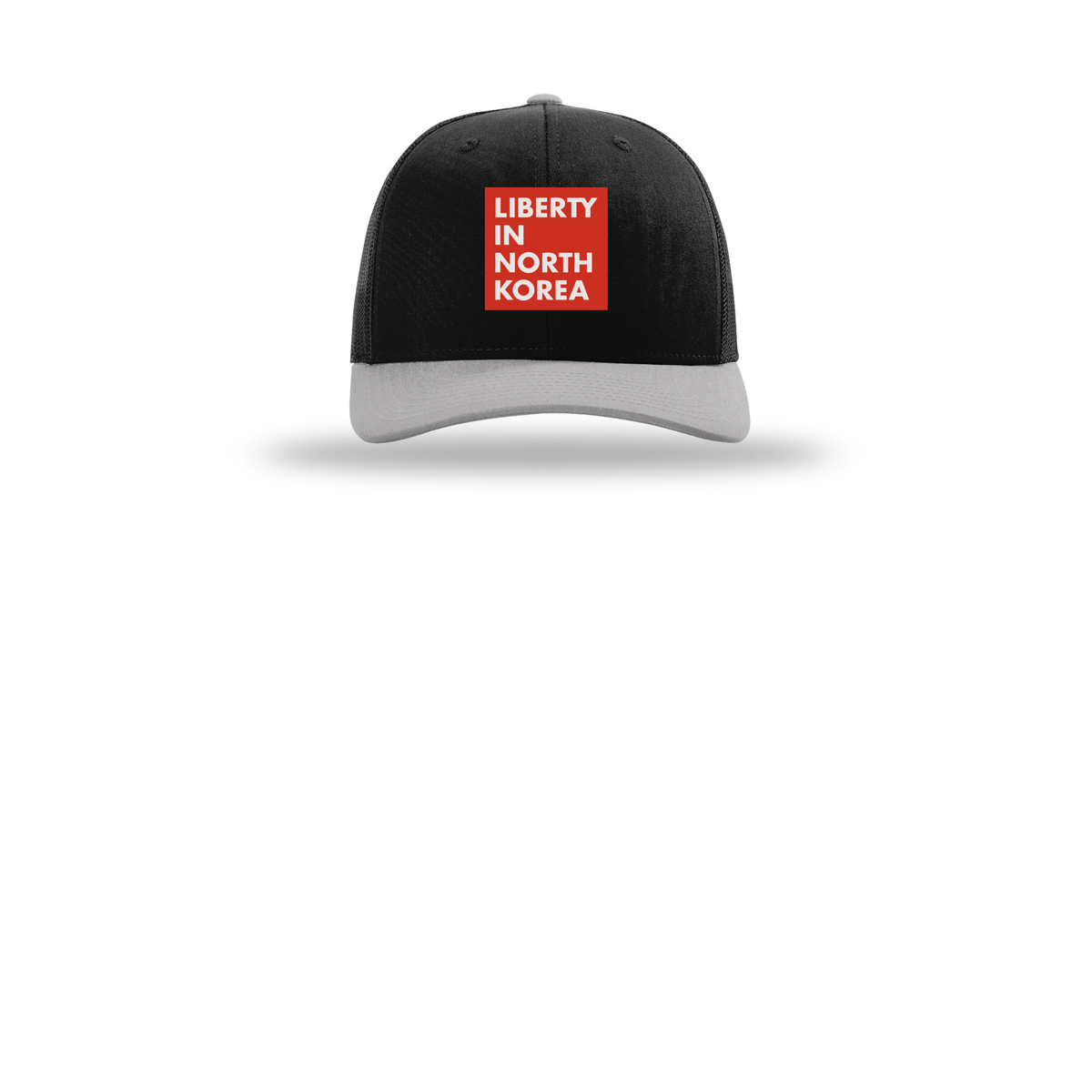 libertyinnorthkorea-richardson-trucker-cap-embroidery-capfront-R112-blackblacklightgrey-flat-front