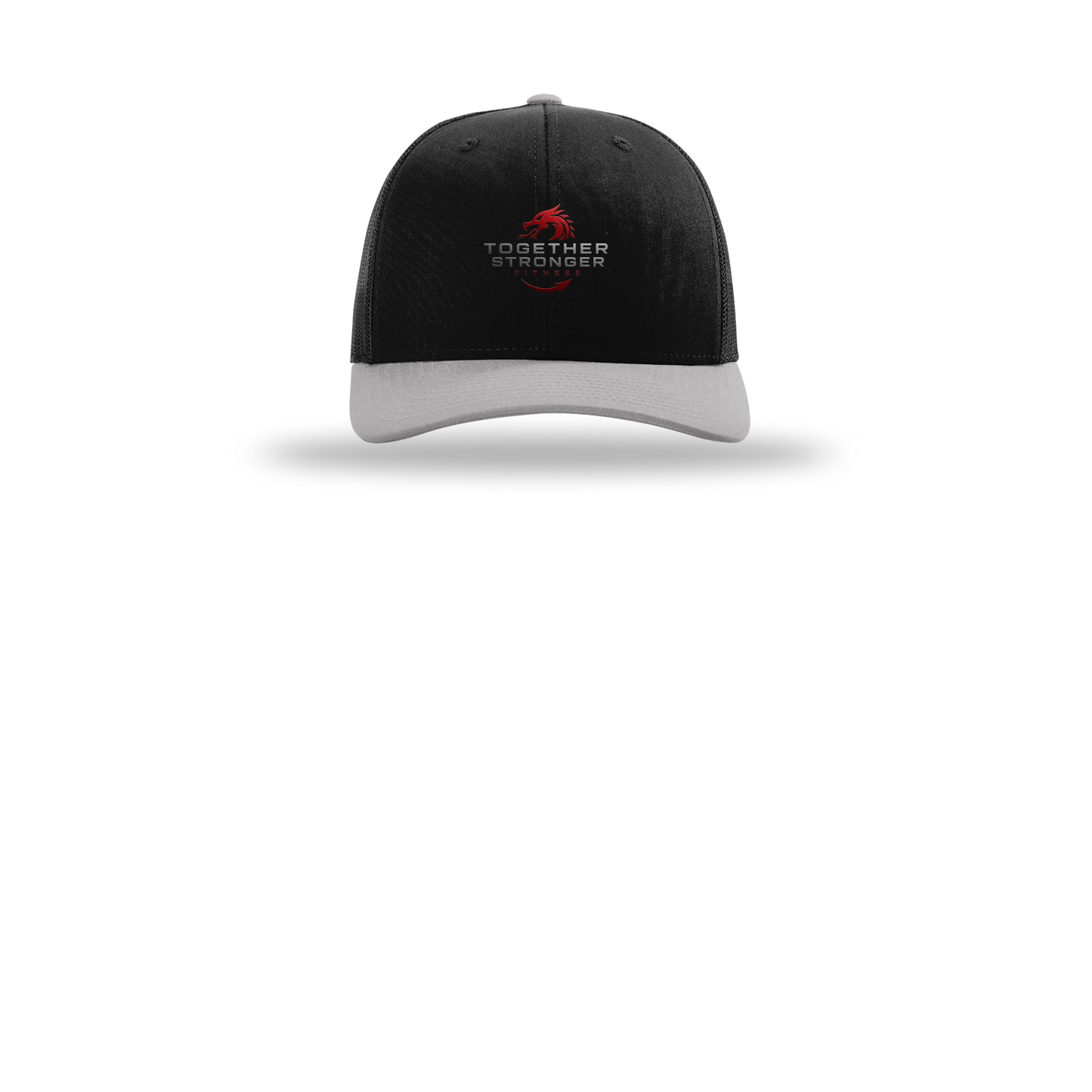 togetherstrongerfitness-richardson-trucker-cap-embroidery-capfront-R112-blackblacklightgrey-flat-front