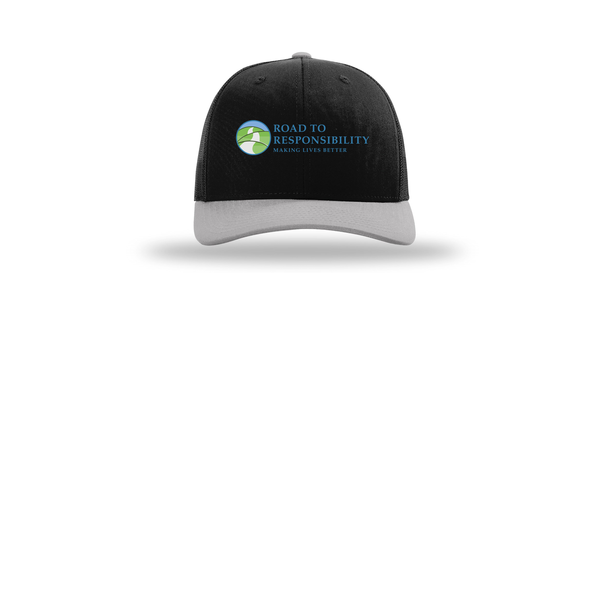 roadtoresponsibility-richardson-trucker-cap-embroidery-capfront-R112-blackblacklightgrey-flat-front