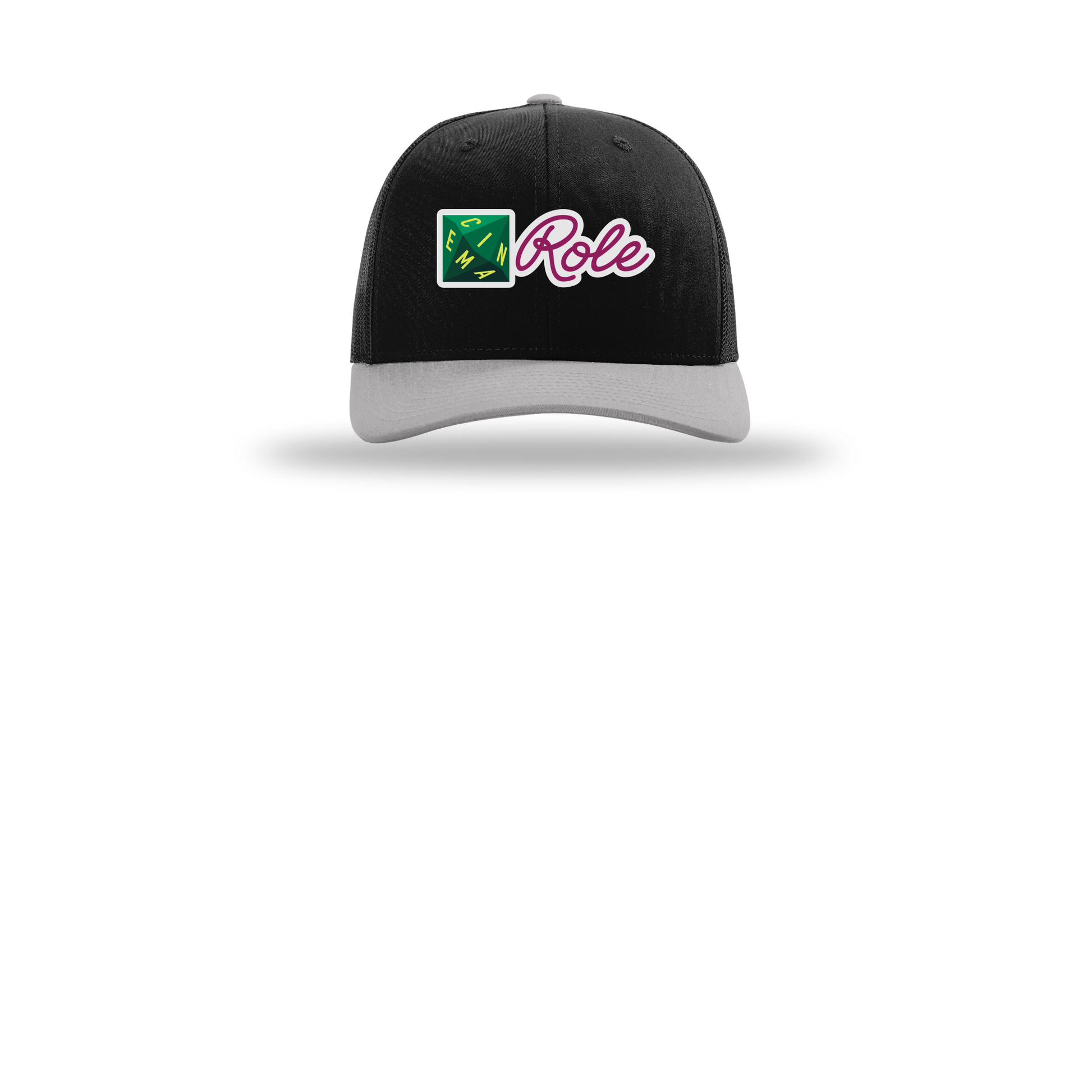 cinemarole-richardson-trucker-cap-embroidery-capfront-R112-blackblacklightgrey-flat-front