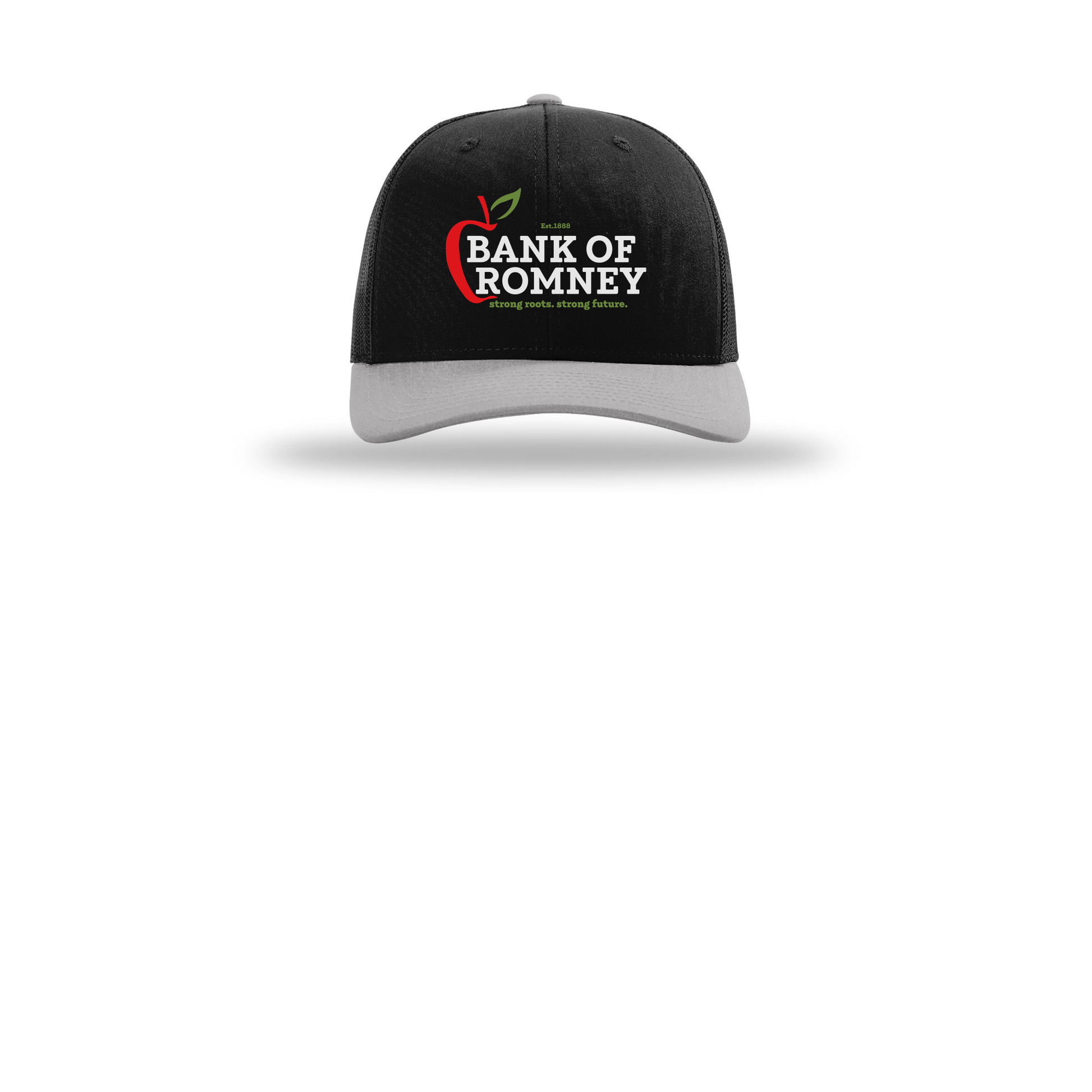 bankofromney-richardson-trucker-cap-embroidery-capfront-R112-blackblacklightgrey-flat-front