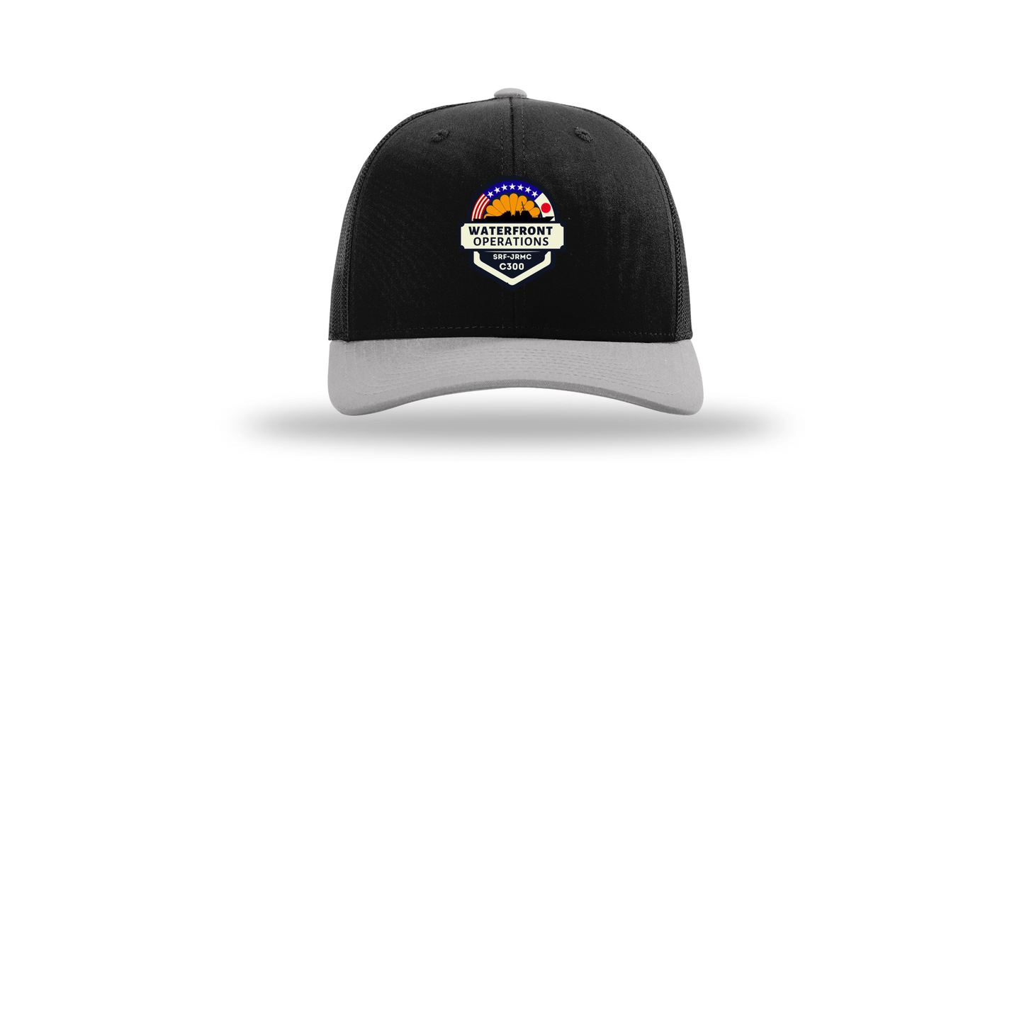 waterfront-operations-retro-trucker-cap-embroidery-capfront-R112-blackblacklightgrey-flat-front
