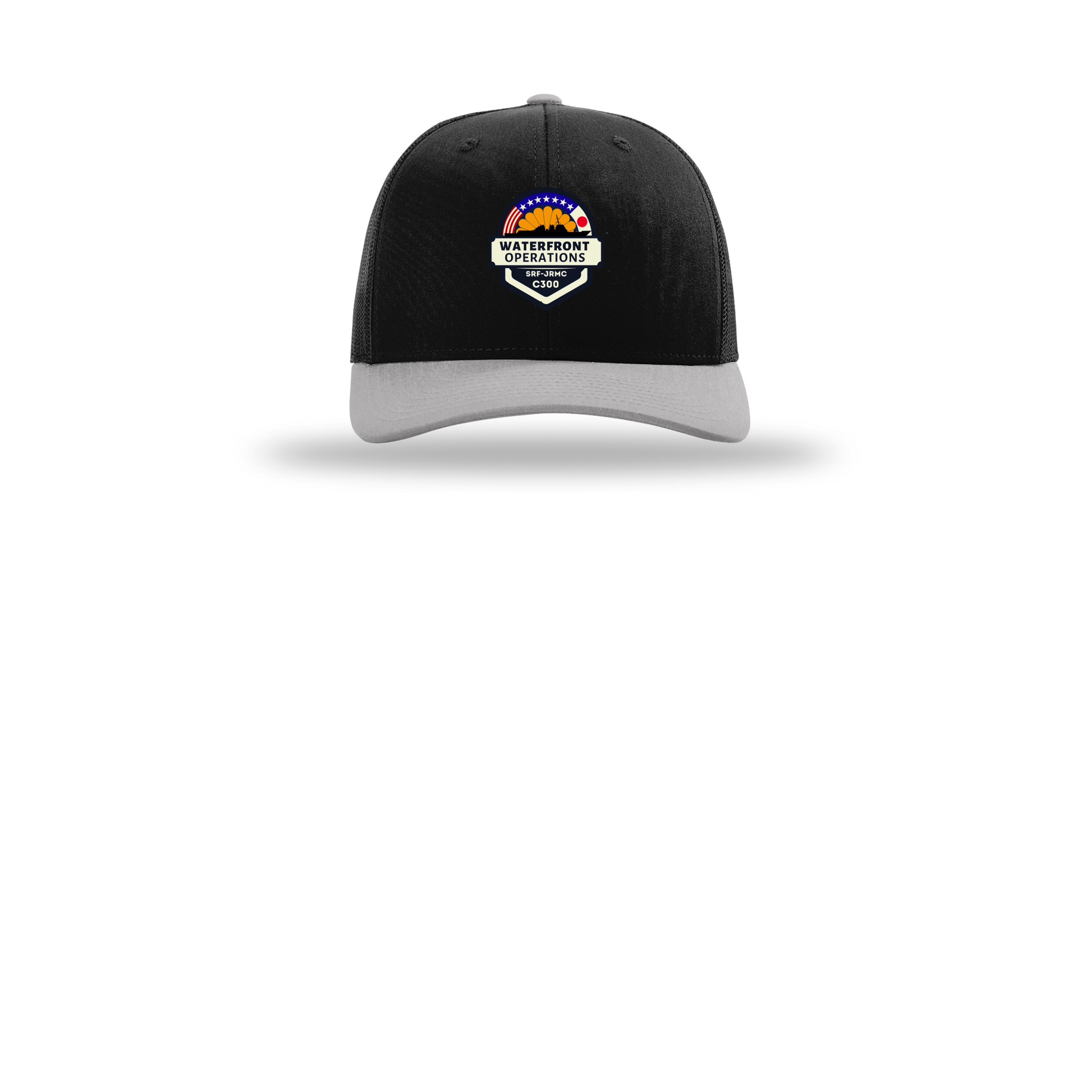 waterfront-operations-retro-trucker-cap-embroidery-capfront-R112-blackblacklightgrey-flat-front
