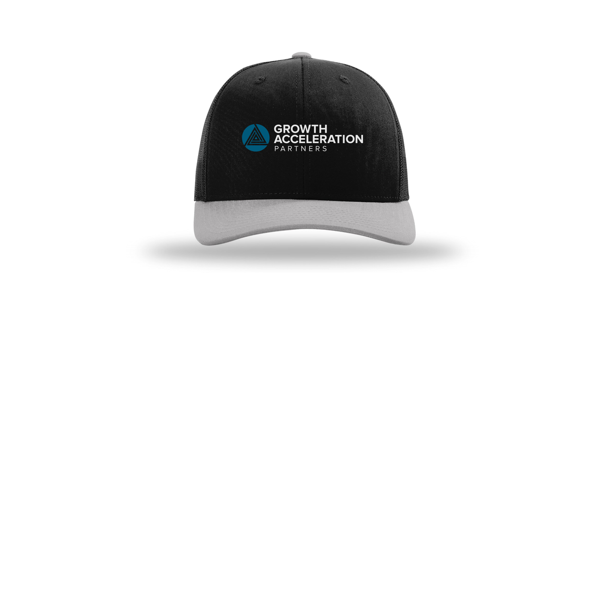 growthaccelerationpartners-richardson-trucker-cap-embroidery-capfront-R112-blackblacklightgrey-flat-front