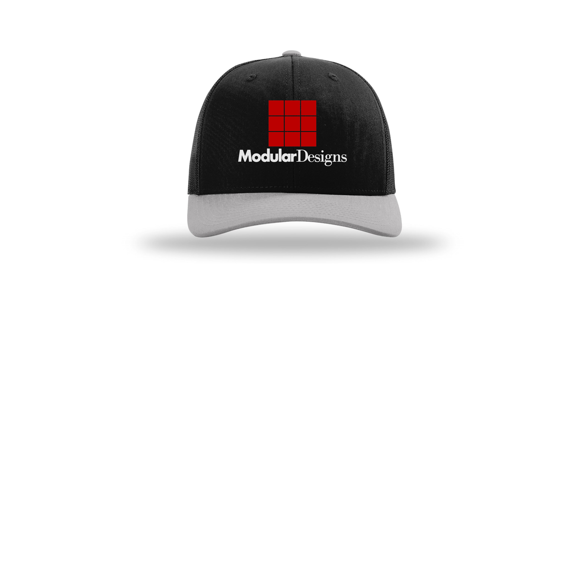 modulardesignsflooring-richardson-trucker-cap-embroidery-capfront-R112-blackblacklightgrey-flat-front
