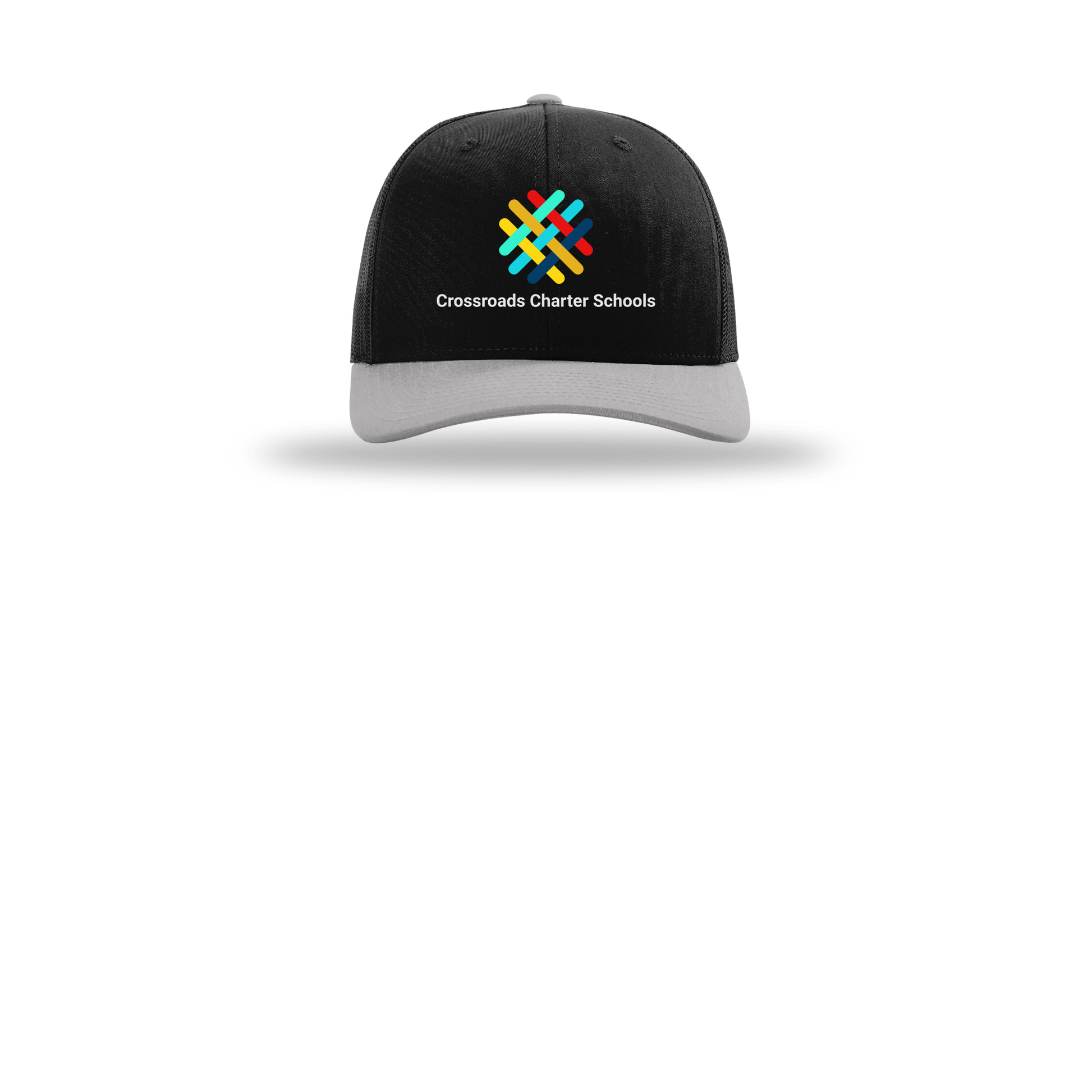 crossroadsschoolskc-richardson-trucker-cap-embroidery-capfront-R112-blackblacklightgrey-flat-front