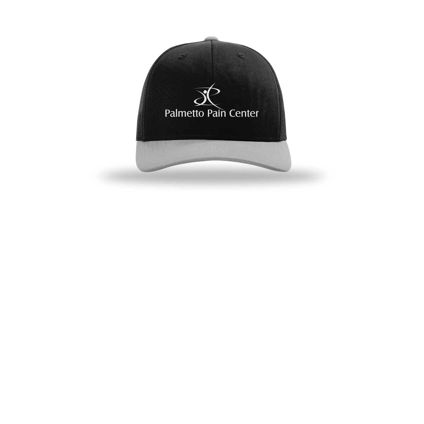 palmetto-pain-center-richardson-trucker-cap-embroidery-capfront-R112-blackblacklightgrey-flat-front