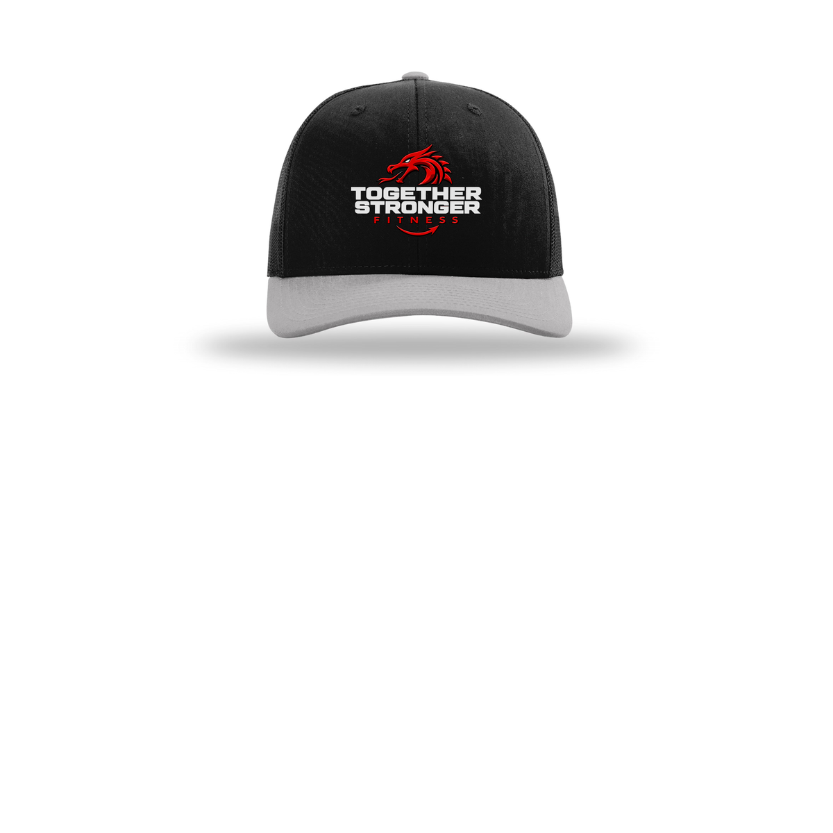 togetherstrongerfitness-richardson-trucker-cap-embroidery-capfront-R112-blackblacklightgrey-flat-front