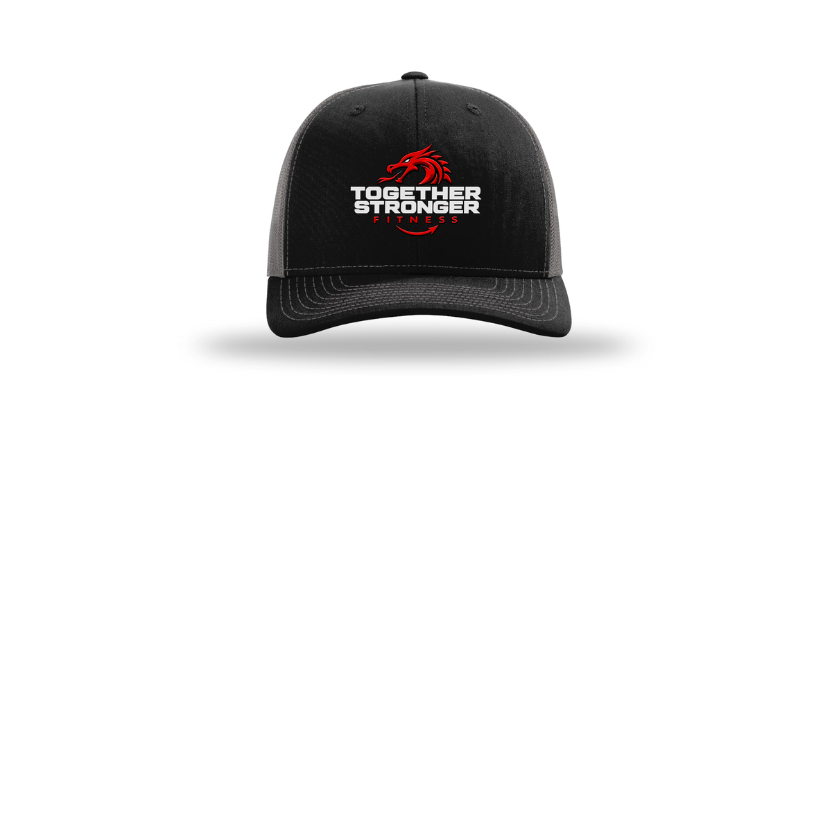 togetherstrongerfitness-richardson-trucker-cap-embroidery-capfront-R112-blackcharcoal-flat-front