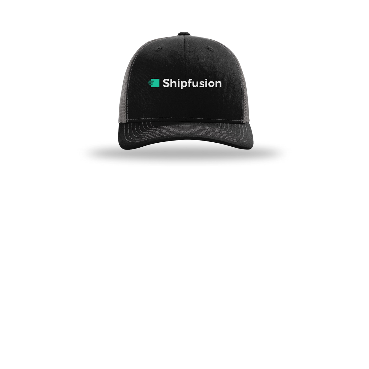 shipfusion-richardson-trucker-cap-embroidery-capfront-R112-blackcharcoal-flat-front