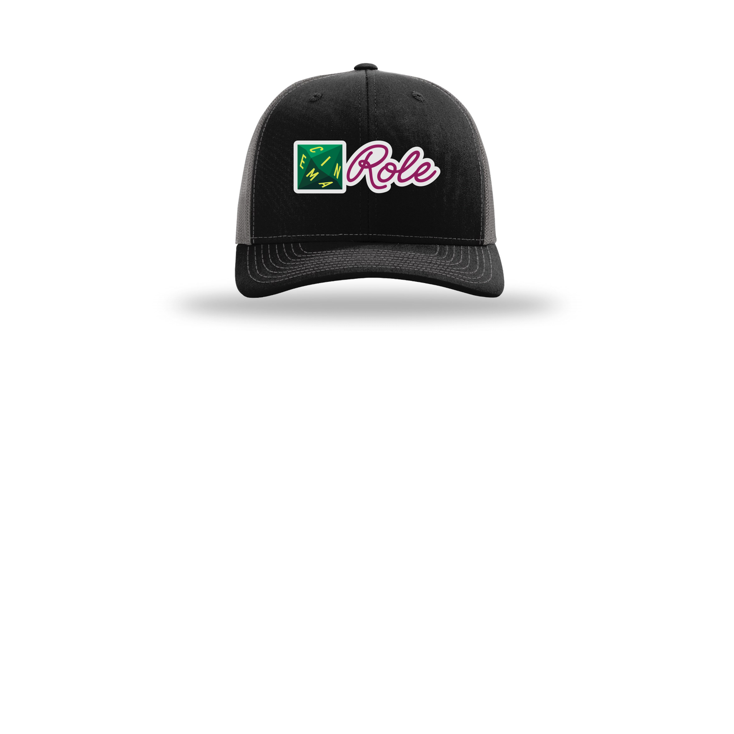 cinemarole-richardson-trucker-cap-embroidery-capfront-R112-blackcharcoal-flat-front