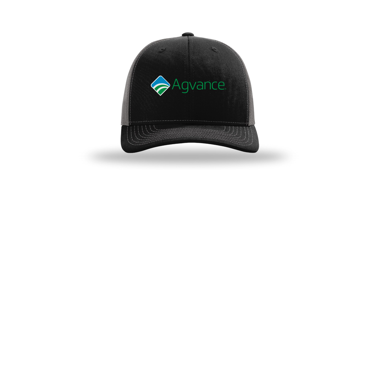 agvance-richardson-trucker-cap-embroidery-capfront-R112-blackcharcoal-flat-front