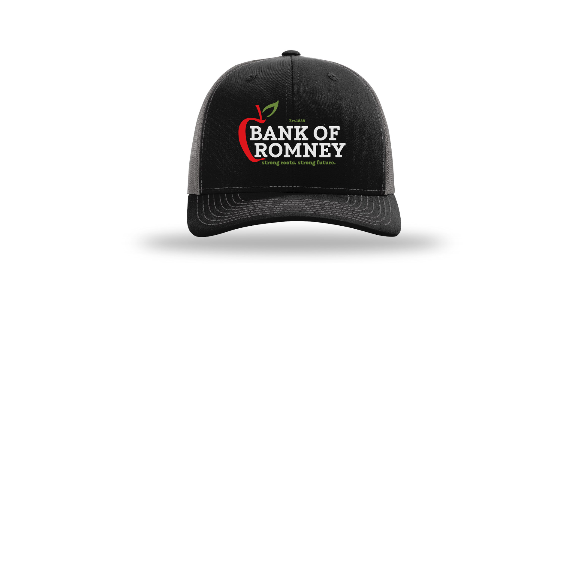 bankofromney-richardson-trucker-cap-embroidery-capfront-R112-blackcharcoal-flat-front