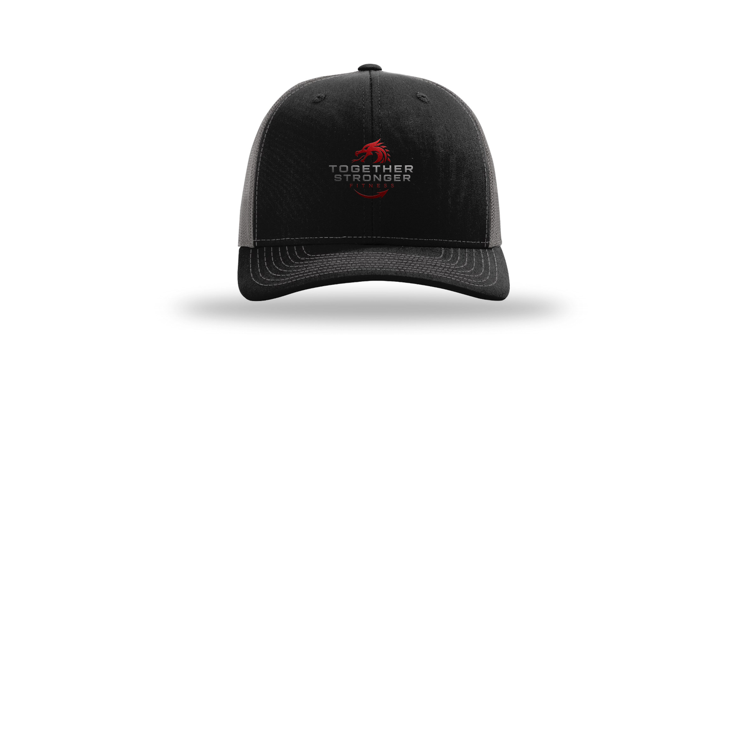 togetherstrongerfitness-richardson-trucker-cap-embroidery-capfront-R112-blackcharcoal-flat-front