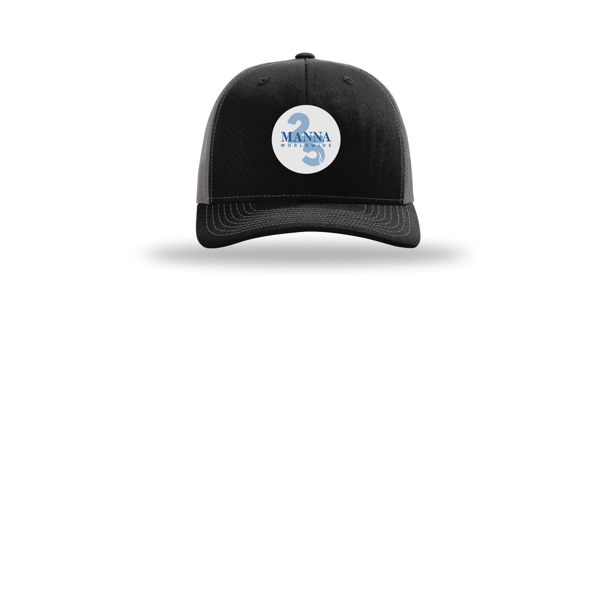 mannaworldwide-richardson-trucker-cap-embroidery-capfront-R112-blackcharcoal-flat-front