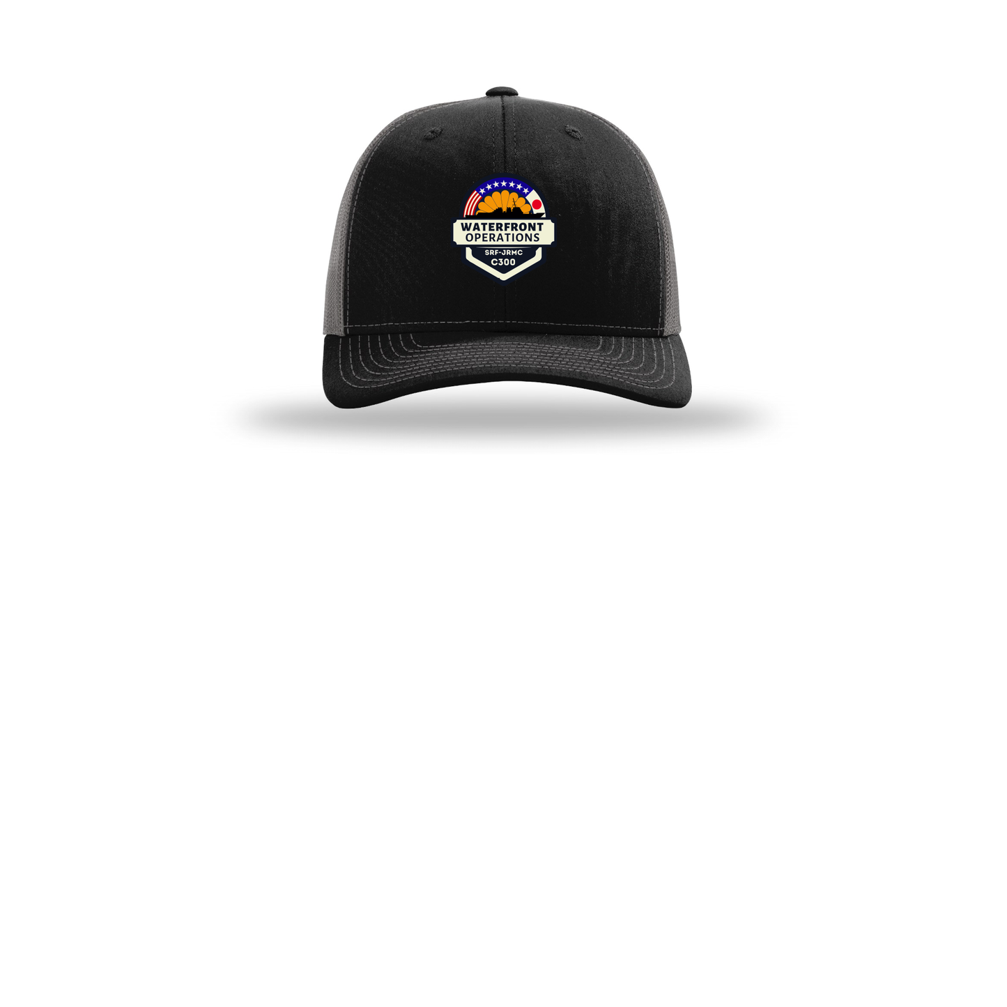 waterfront-operations-retro-trucker-cap-embroidery-capfront-R112-blackcharcoal-flat-front