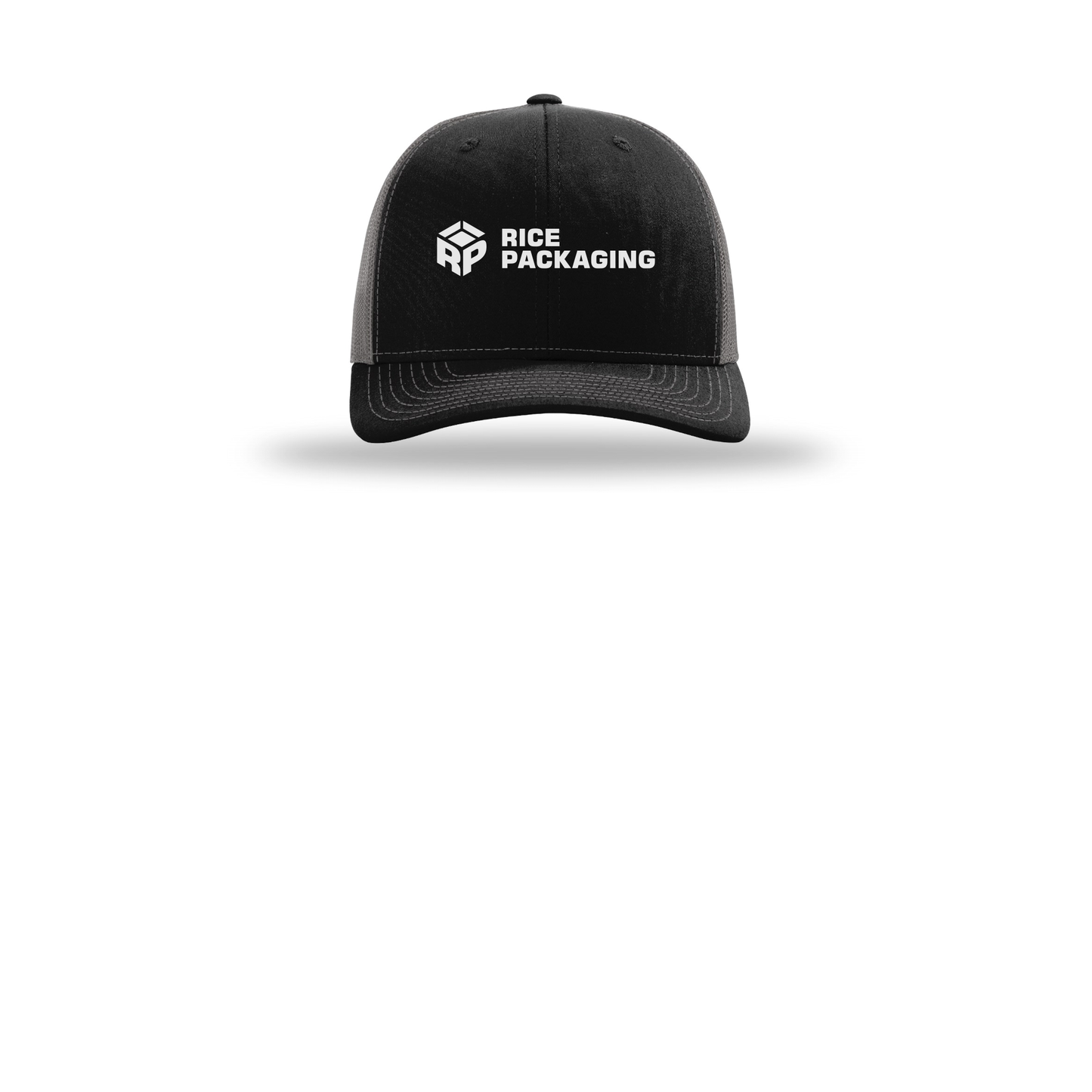 ricepackaging-richardson-trucker-cap-embroidery-capfront-R112-blackcharcoal-flat-front