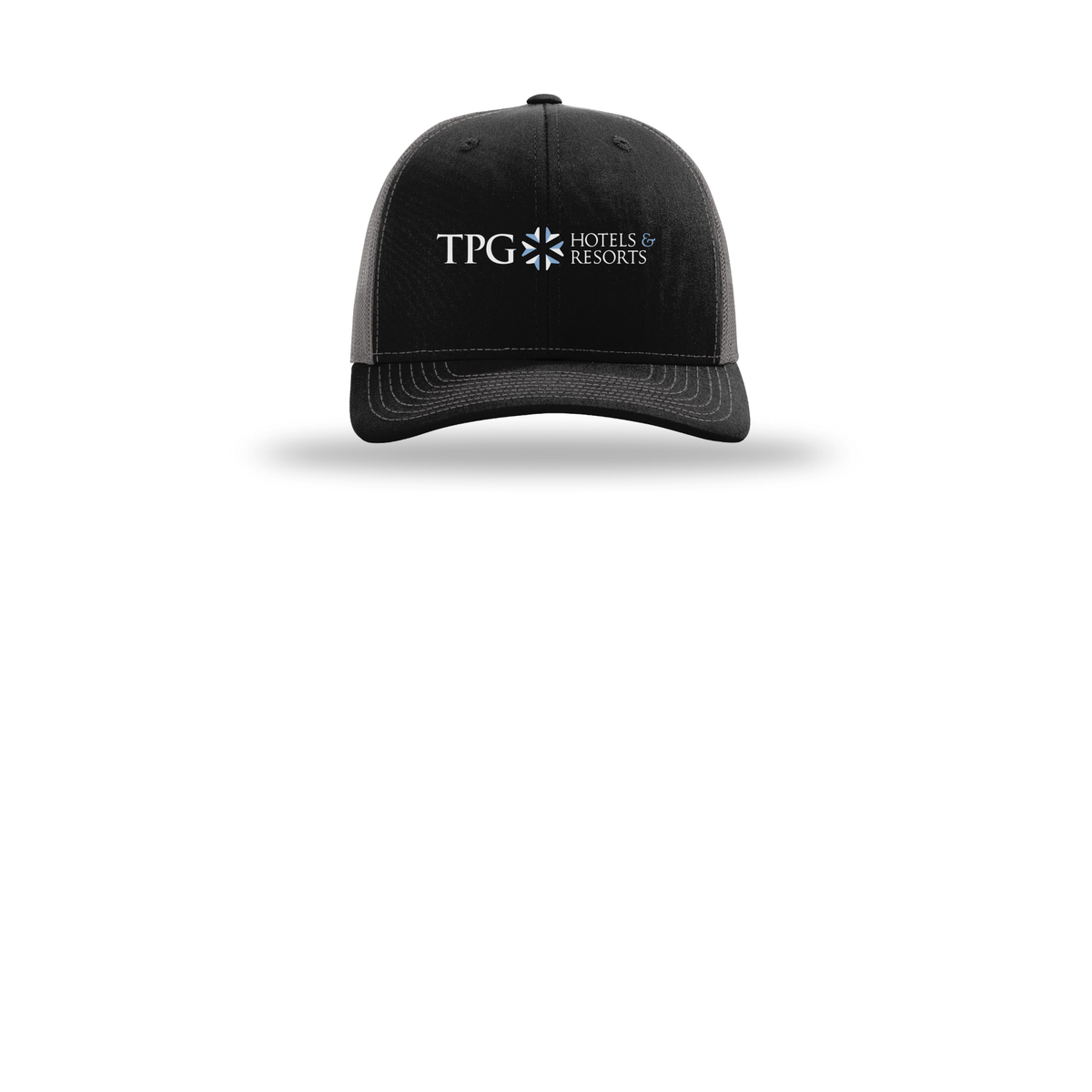 tpghotelsandresorts-richardson-trucker-cap-embroidery-capfront-R112-blackcharcoal-flat-front