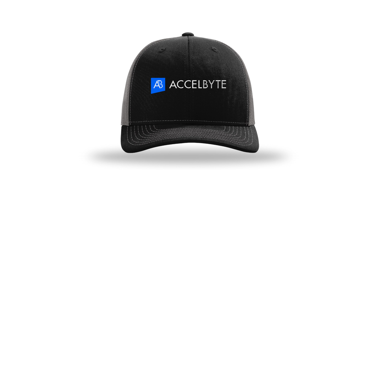accelbyte-richardson-trucker-cap-embroidery-capfront-R112-blackcharcoal-flat-front