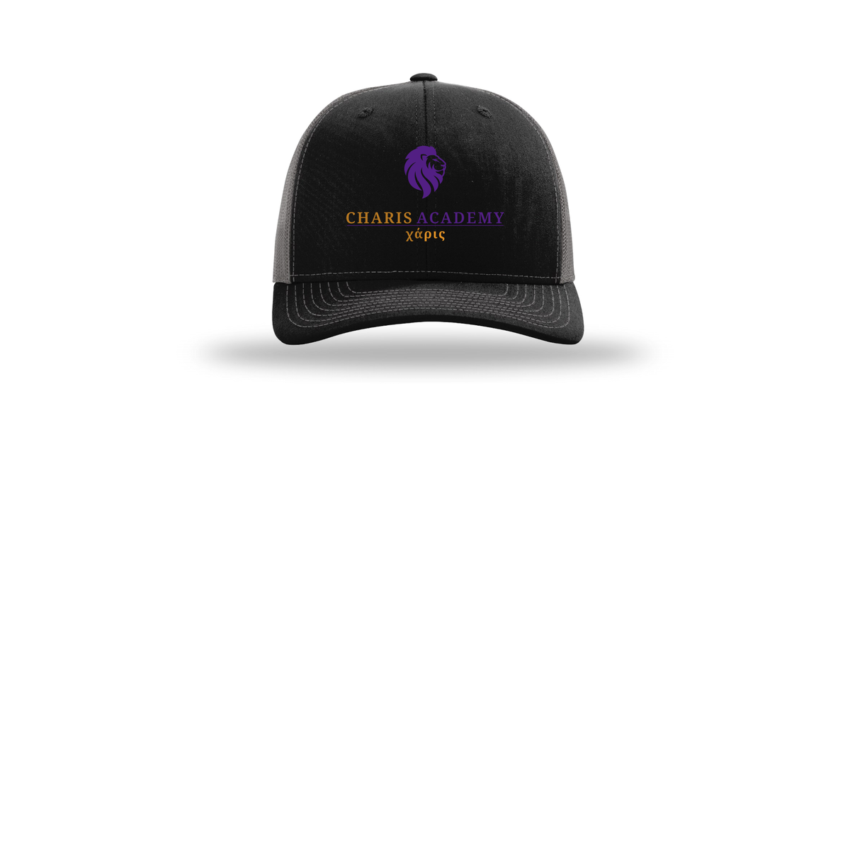 cahazleton-richardson-trucker-cap-embroidery-capfront-R112-blackcharcoal-flat-front