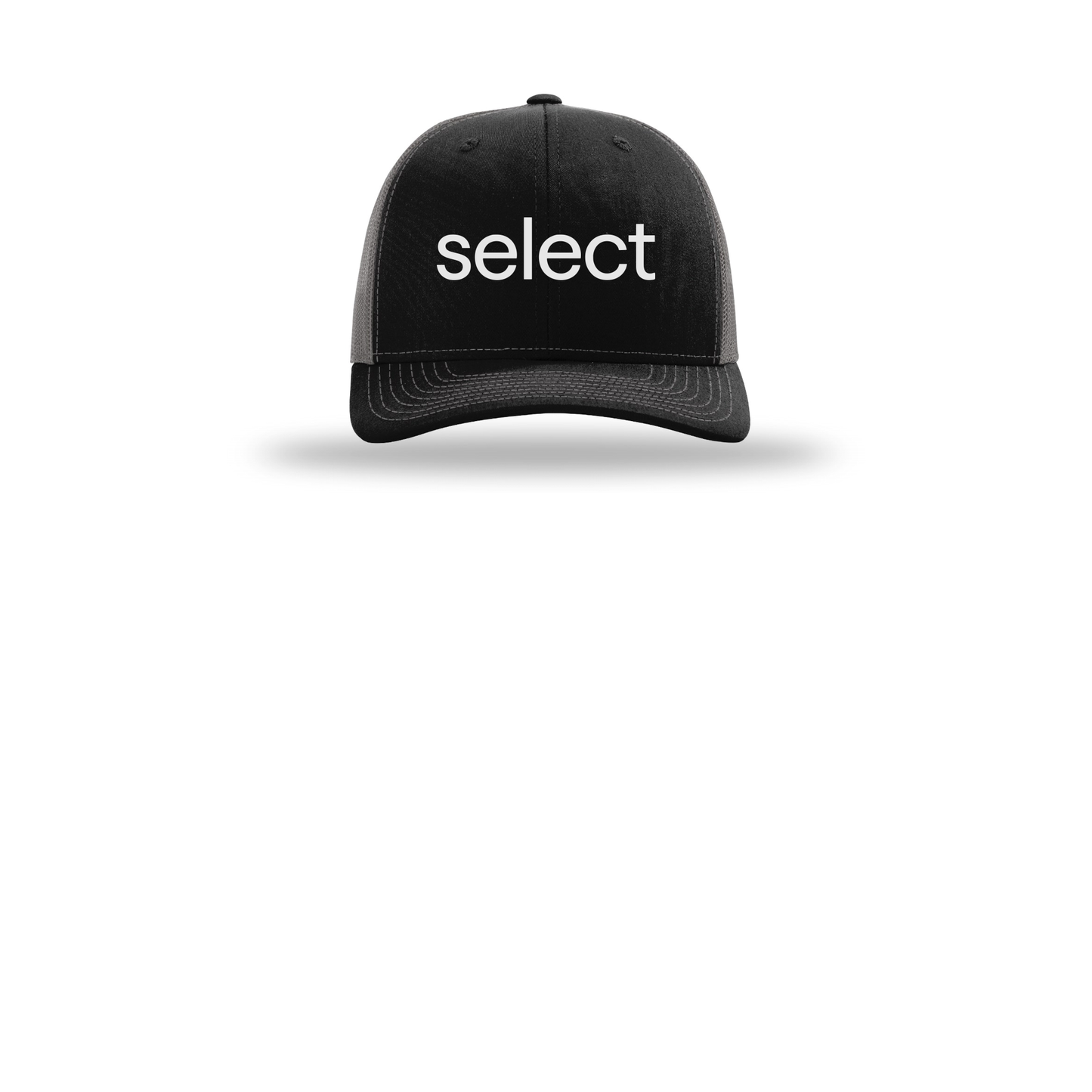meetselect-richardson-trucker-cap-embroidery-capfront-R112-blackcharcoal-flat-front