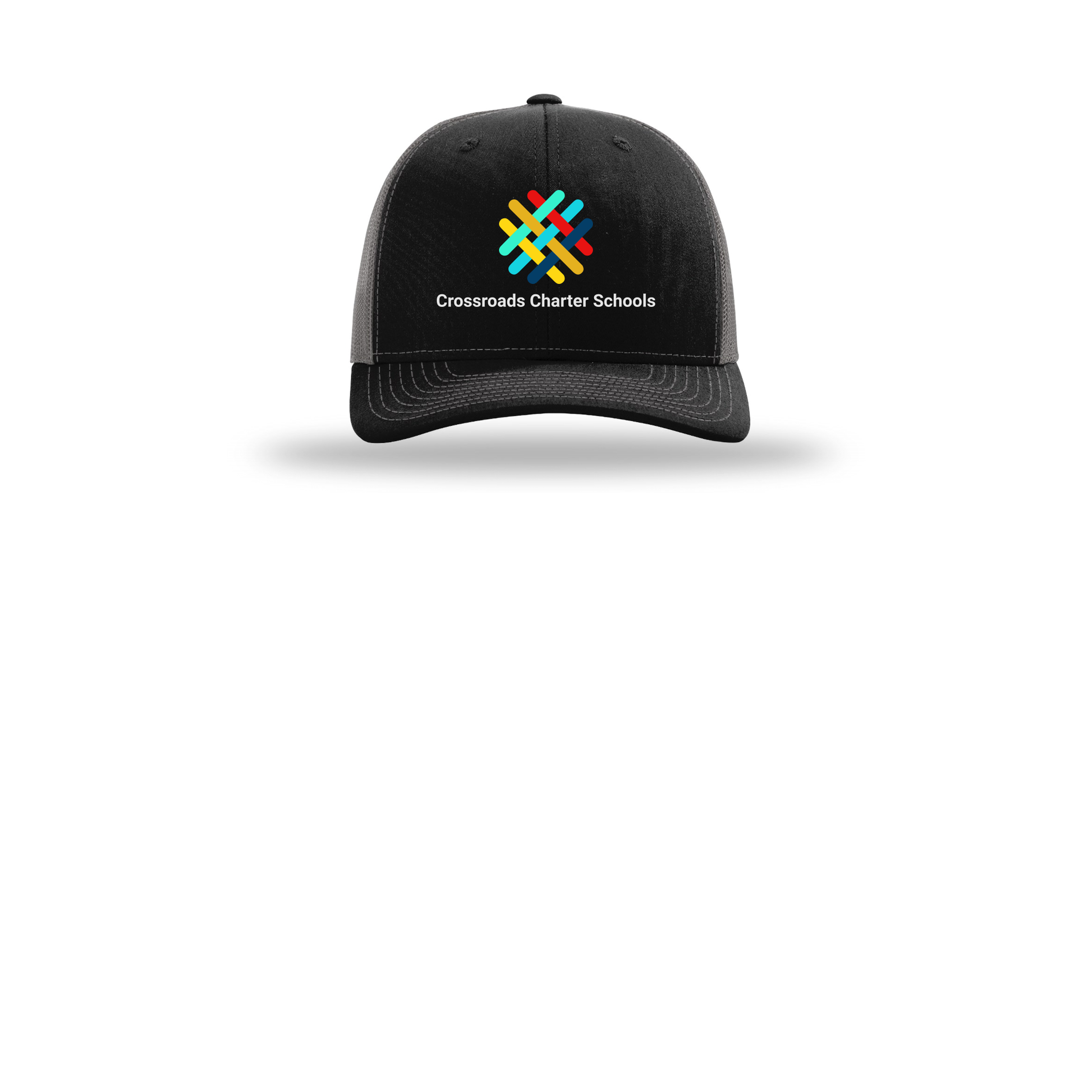 crossroadsschoolskc-richardson-trucker-cap-embroidery-capfront-R112-blackcharcoal-flat-front