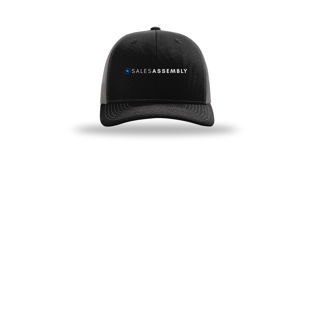salesassembly-richardson-trucker-cap-embroidery-capfront-R112-blackcharcoal-flat-front