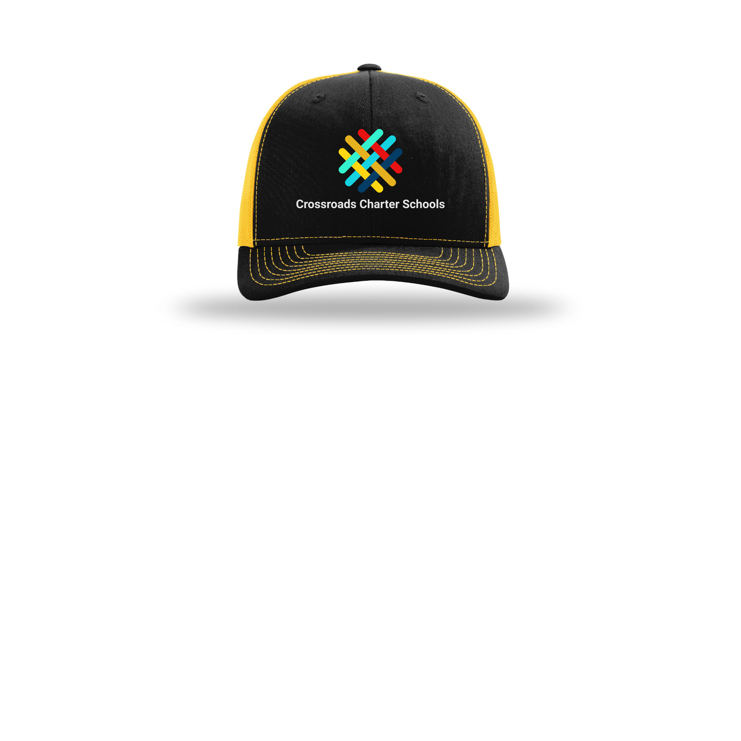 crossroadsschoolskc-richardson-trucker-cap-embroidery-capfront-R112-blackgold-flat-front