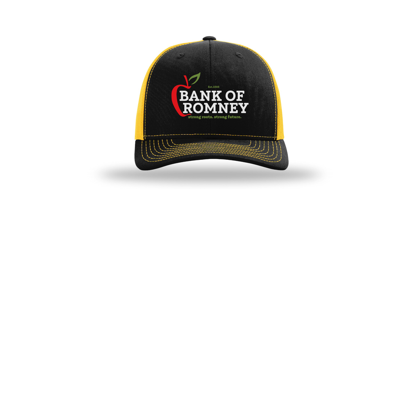 bankofromney-richardson-trucker-cap-embroidery-capfront-R112-blackgold-flat-front