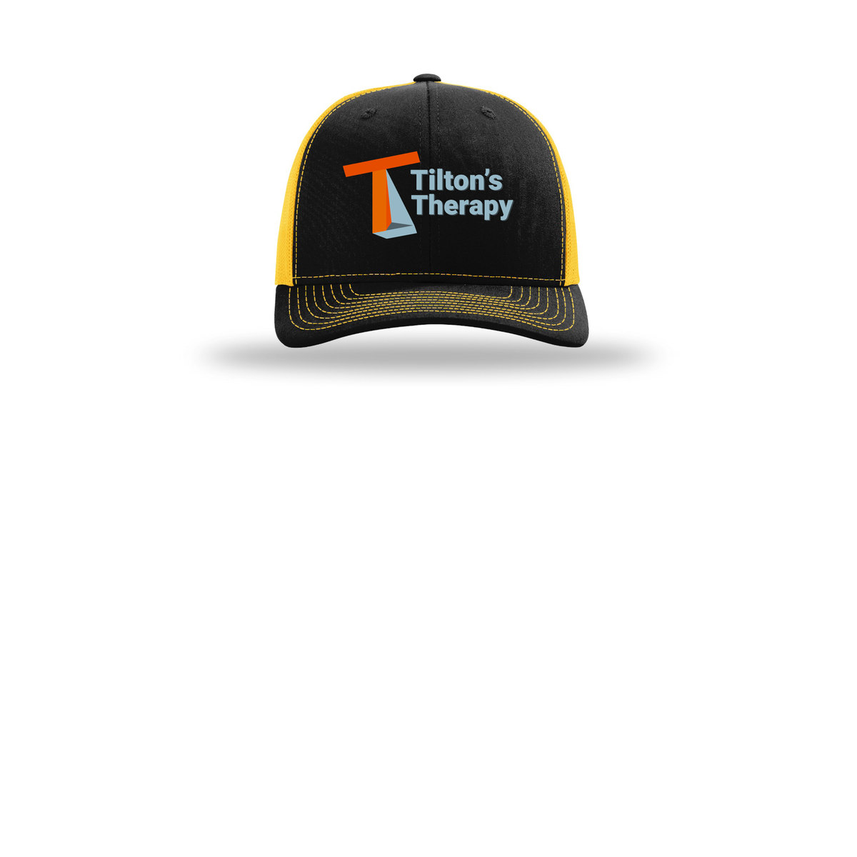 tiltonstherapy-richardson-trucker-cap-embroidery-capfront-R112-blackgold-flat-front