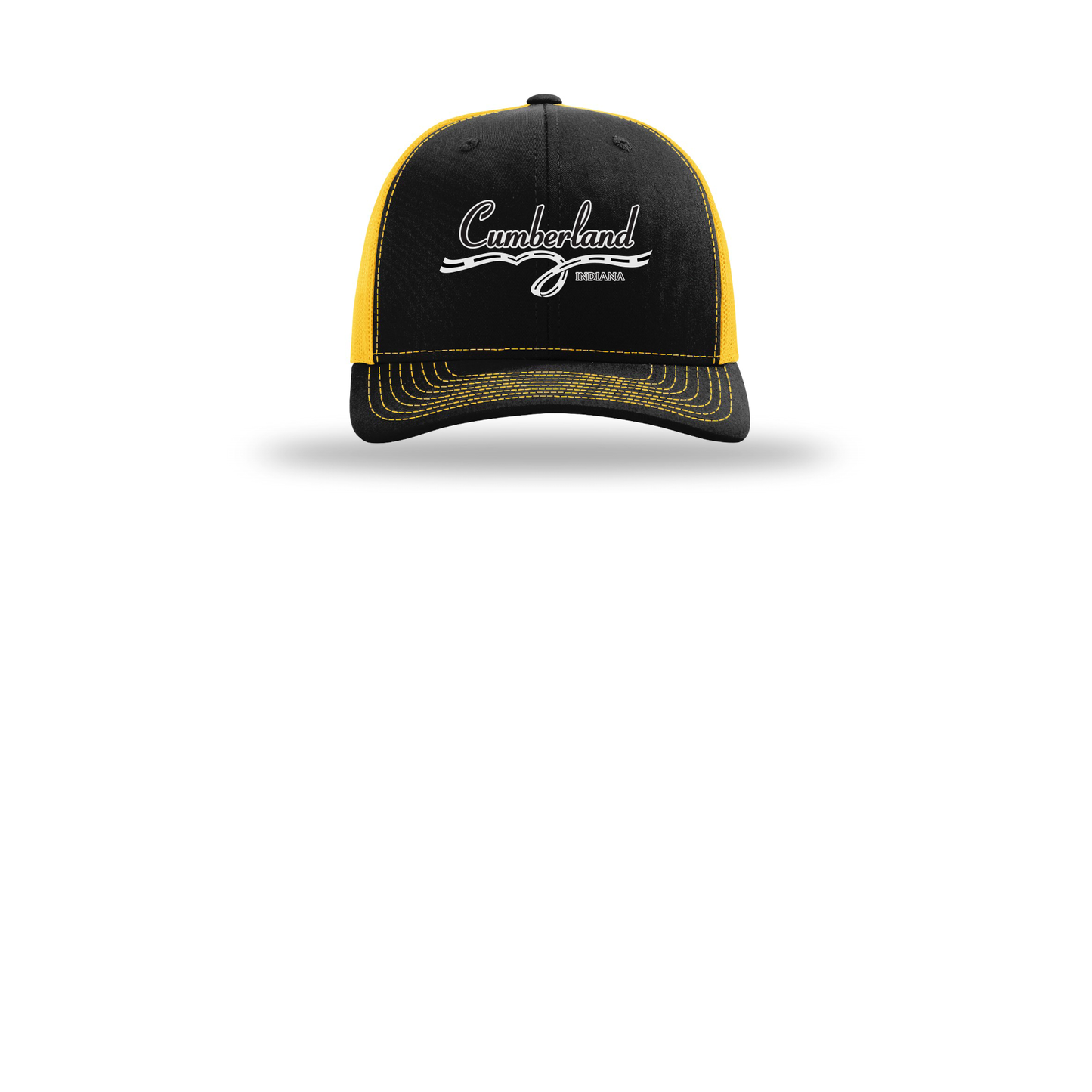 cumberland-richardson-trucker-cap-embroidery-capfront-R112-blackgold-flat-front