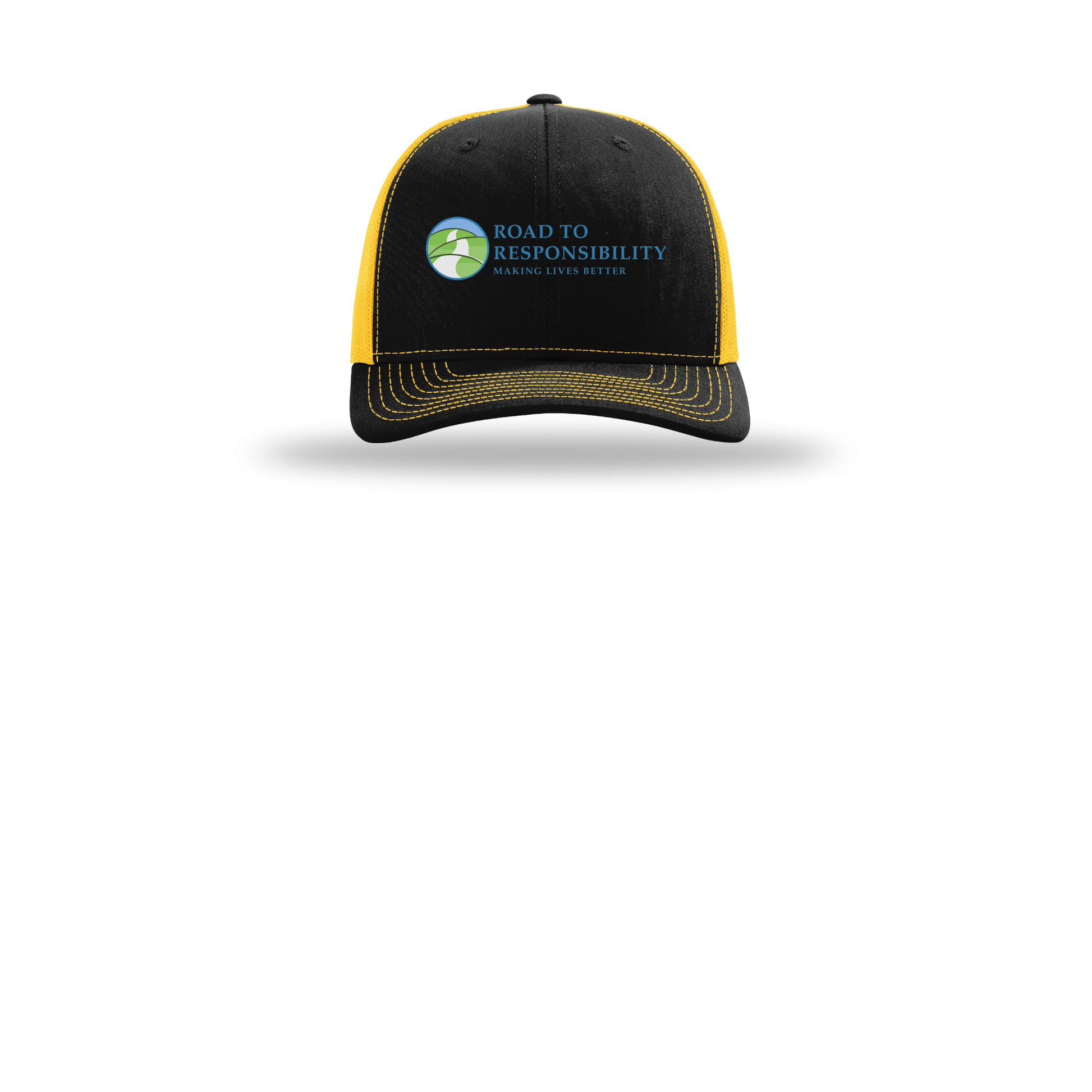 roadtoresponsibility-richardson-trucker-cap-embroidery-capfront-R112-blackgold-flat-front