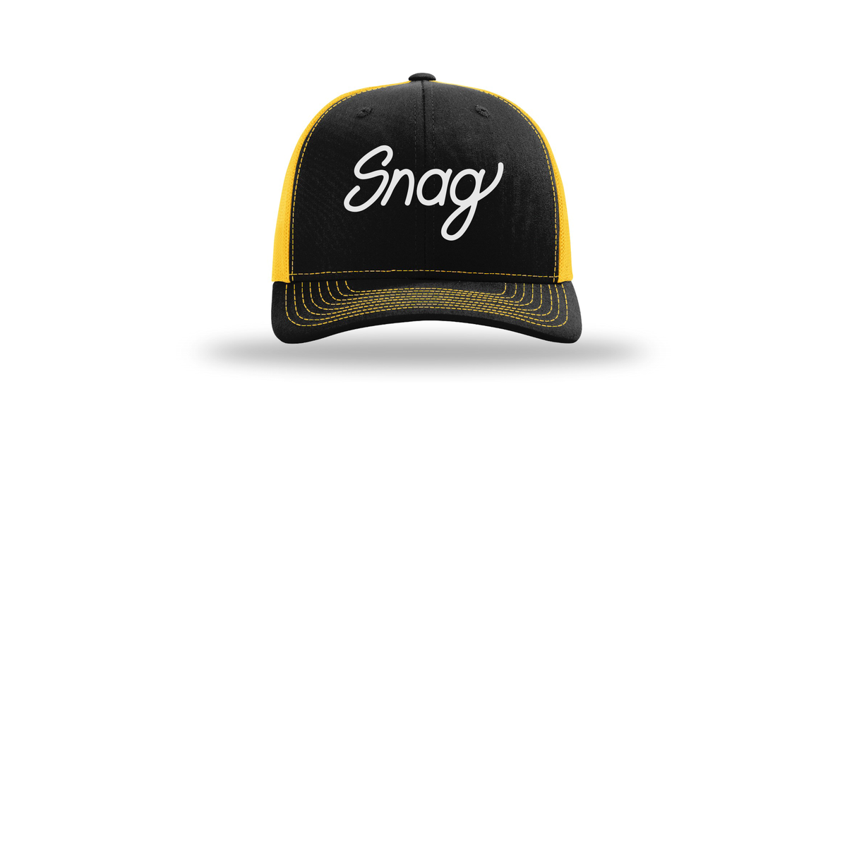 snagdelivery-richardson-trucker-cap-embroidery-capfront-R112-blackgold-flat-front