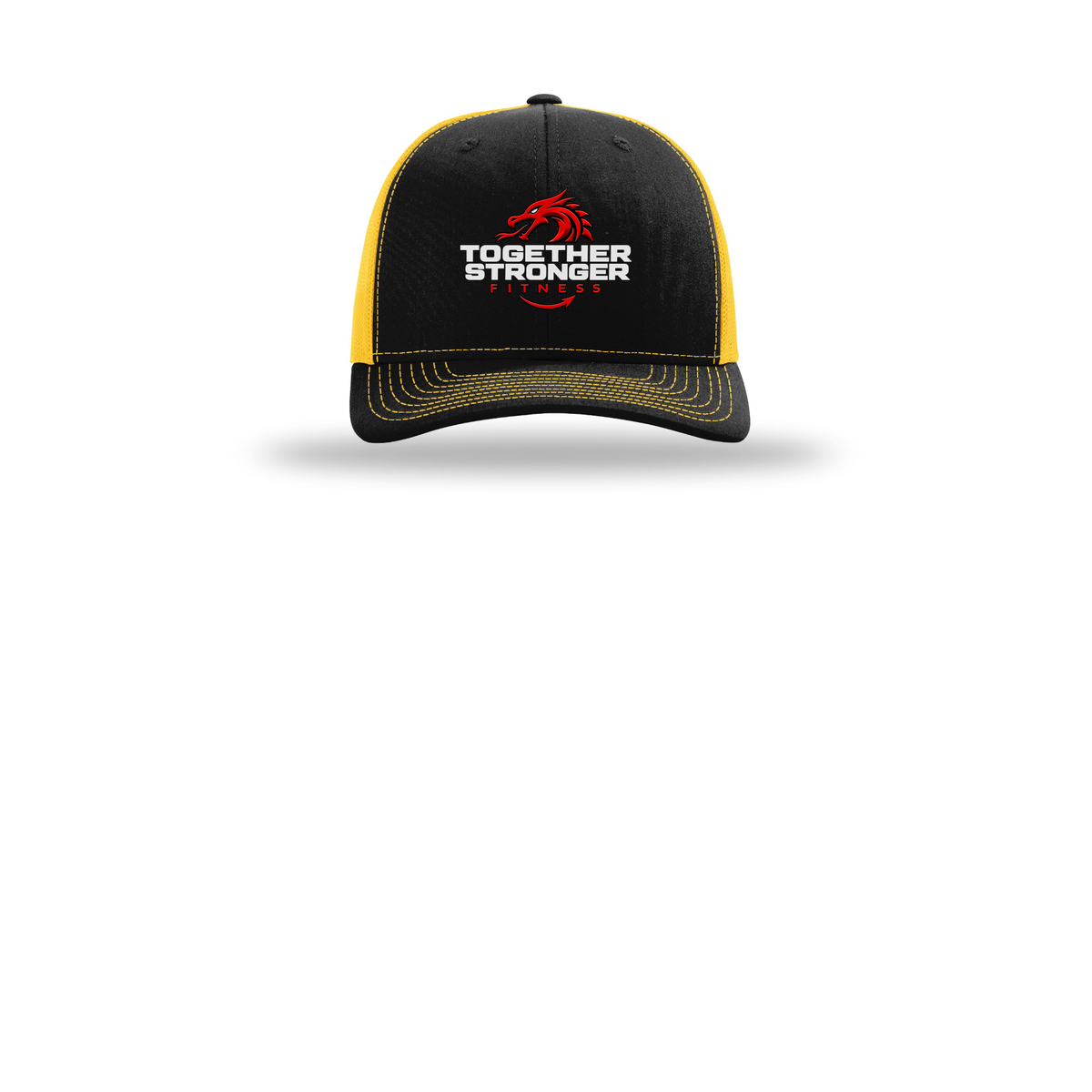 togetherstrongerfitness-richardson-trucker-cap-embroidery-capfront-R112-blackgold-flat-front