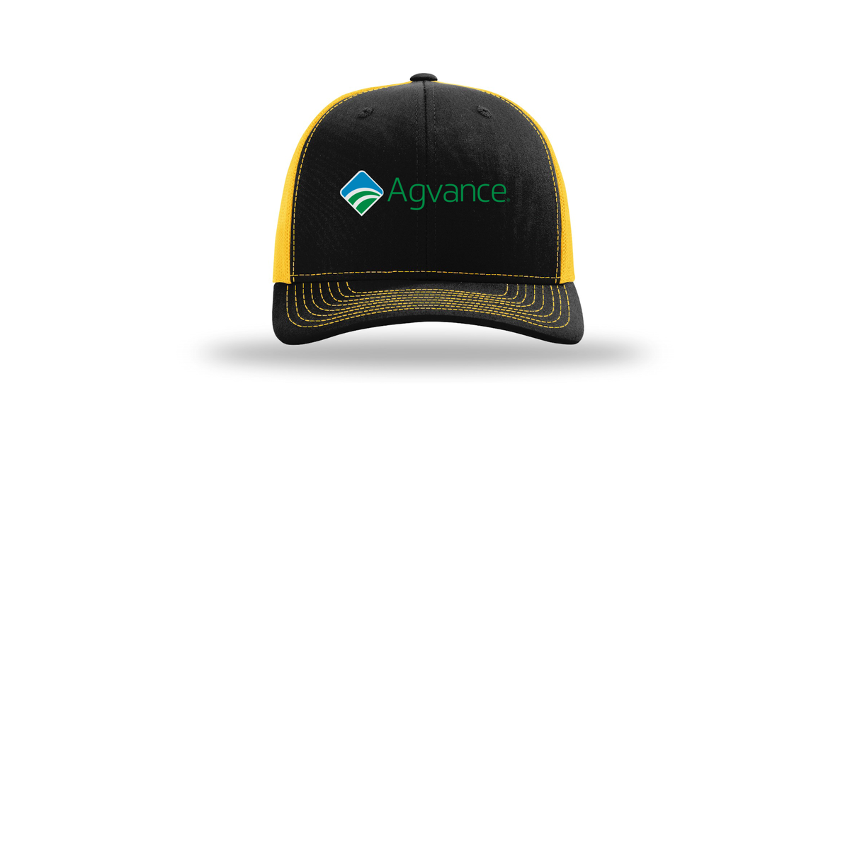 agvance-richardson-trucker-cap-embroidery-capfront-R112-blackgold-flat-front