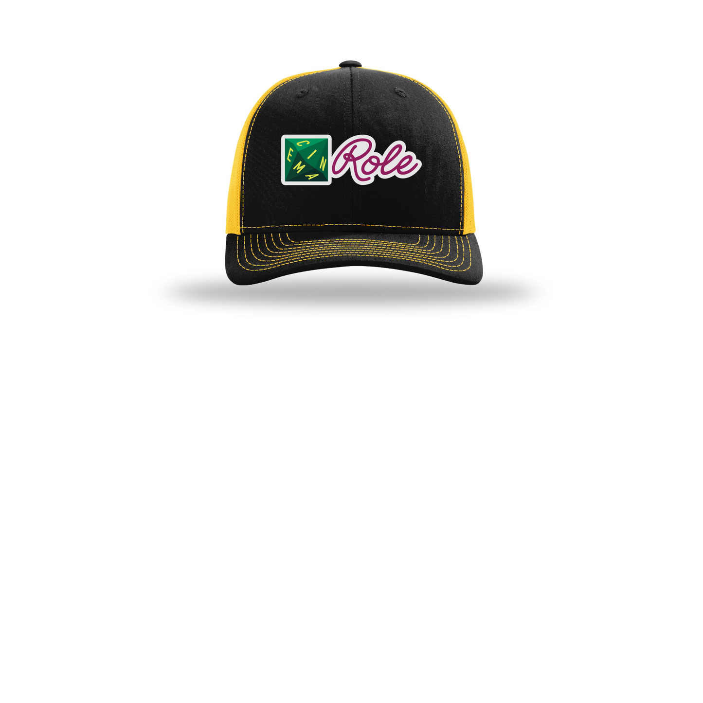 cinemarole-richardson-trucker-cap-embroidery-capfront-R112-blackgold-flat-front