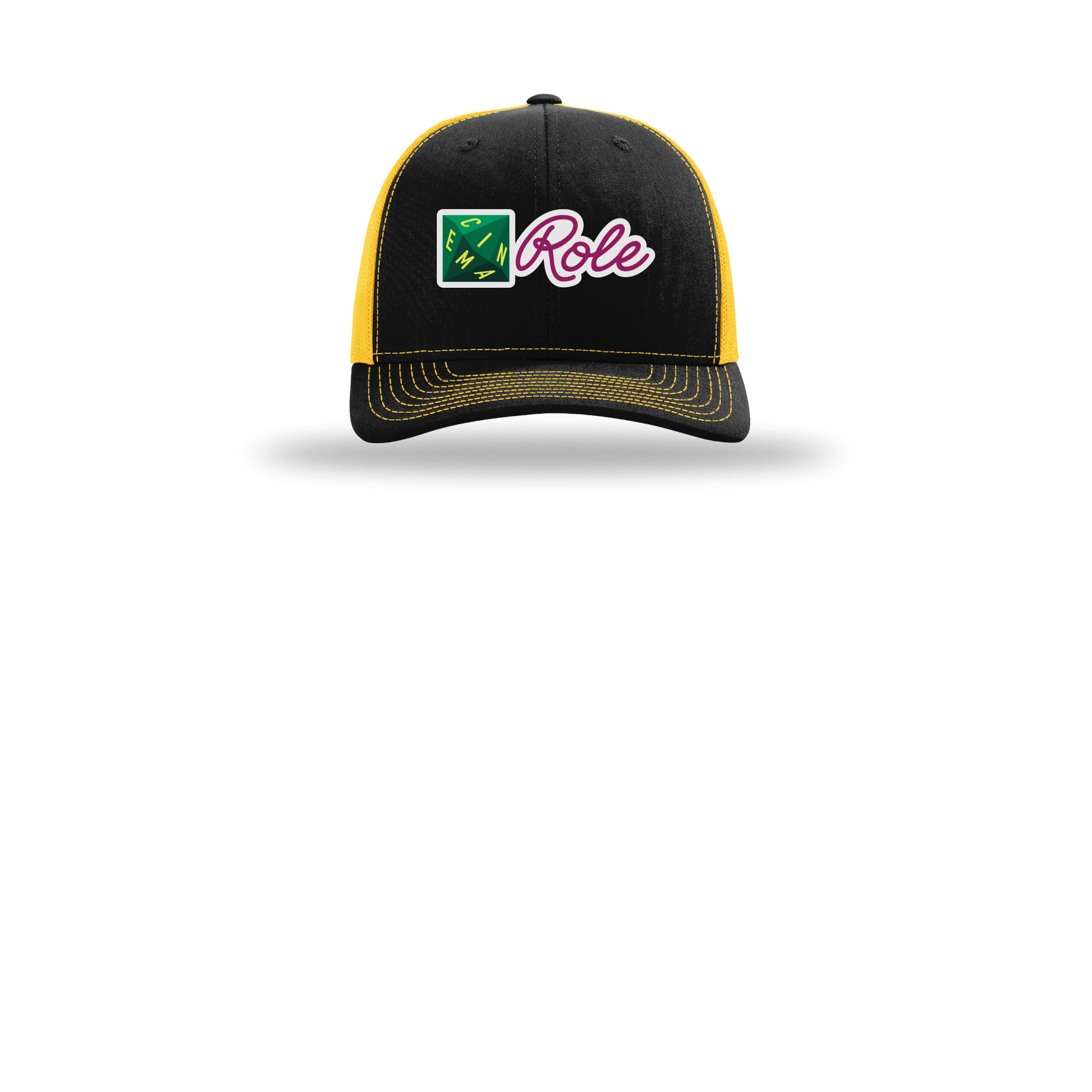 cinemarole-richardson-trucker-cap-embroidery-capfront-R112-blackgold-flat-front