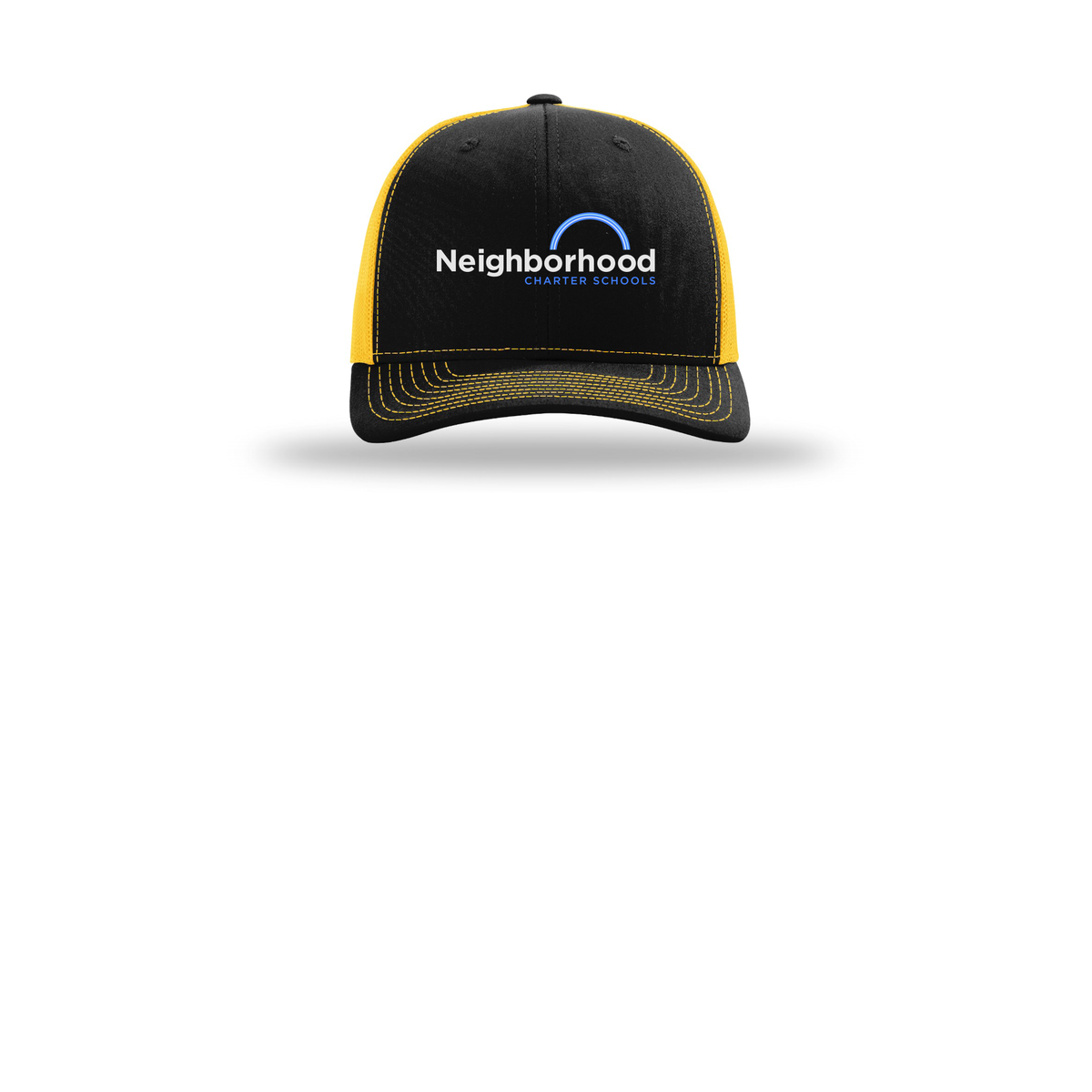 ncschools-richardson-trucker-cap-embroidery-capfront-R112-blackgold-flat-front