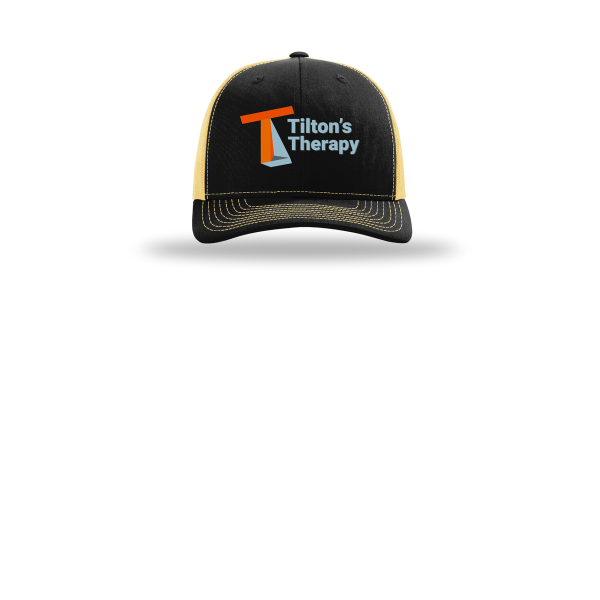 tiltonstherapy-richardson-trucker-cap-embroidery-capfront-R112-blackvegasgold-flat-front