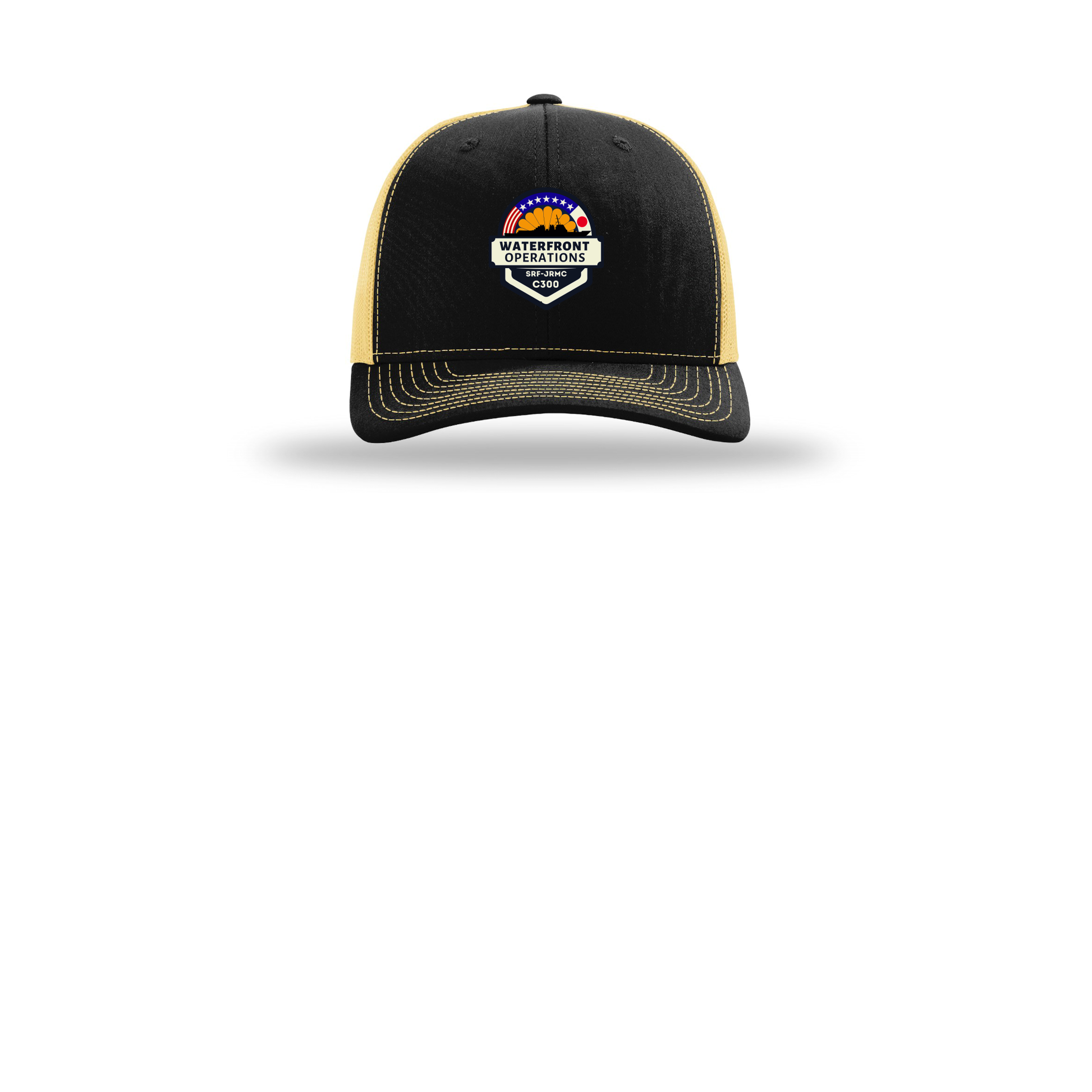 waterfront-operations-retro-trucker-cap-embroidery-capfront-R112-blackvegasgold-flat-front