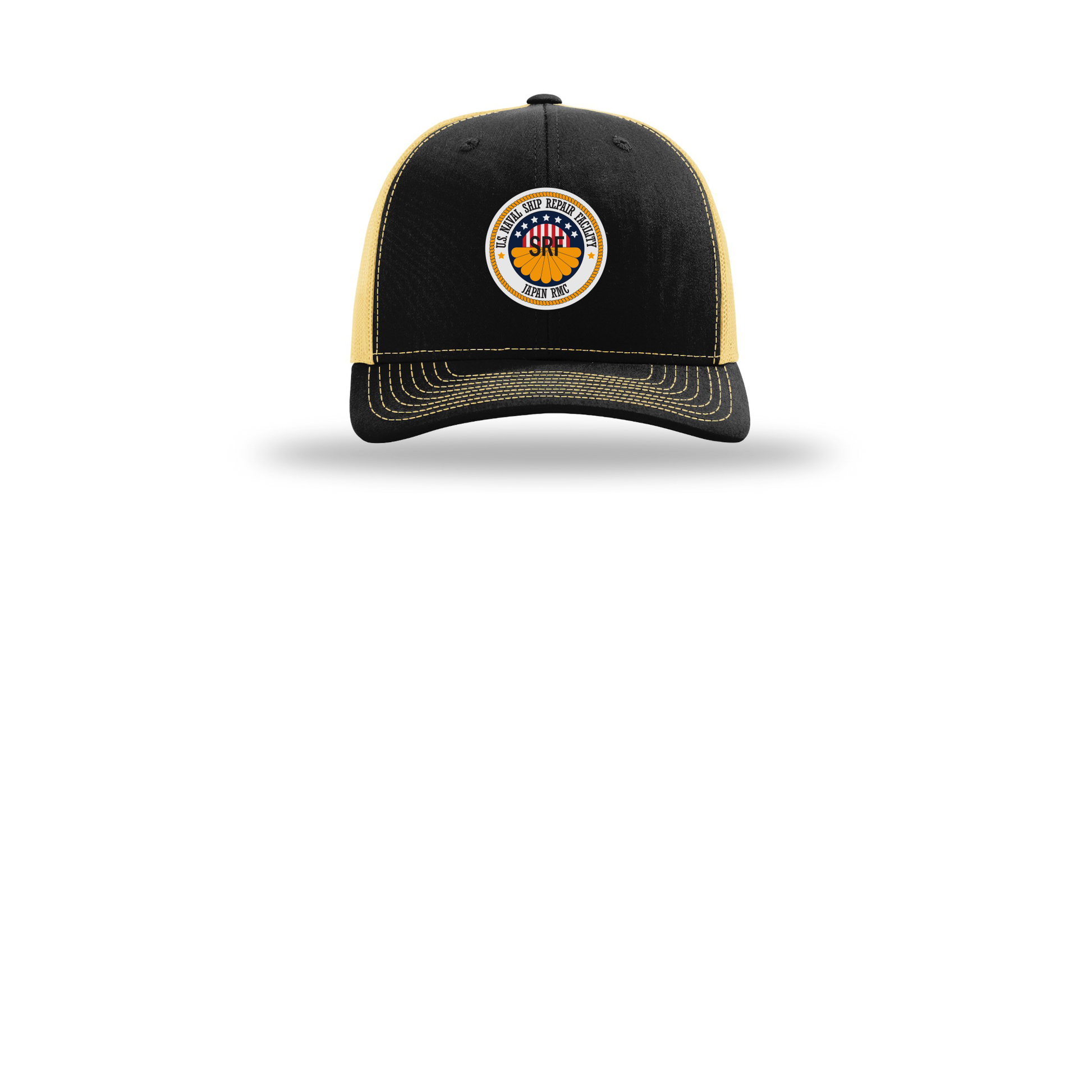 srf-jrmc-richardson-trucker-cap-embroidery-capfront-R112-blackvegasgold-flat-front