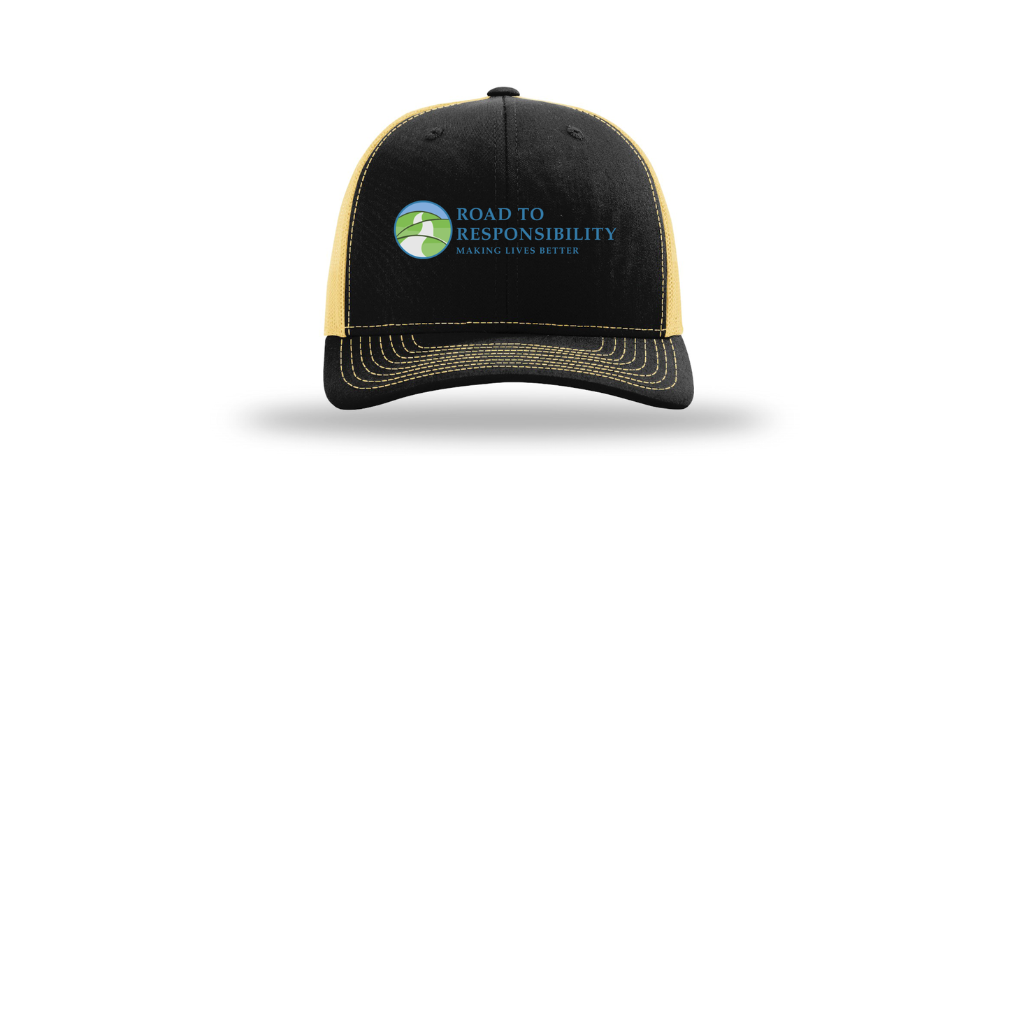 roadtoresponsibility-richardson-trucker-cap-embroidery-capfront-R112-blackvegasgold-flat-front
