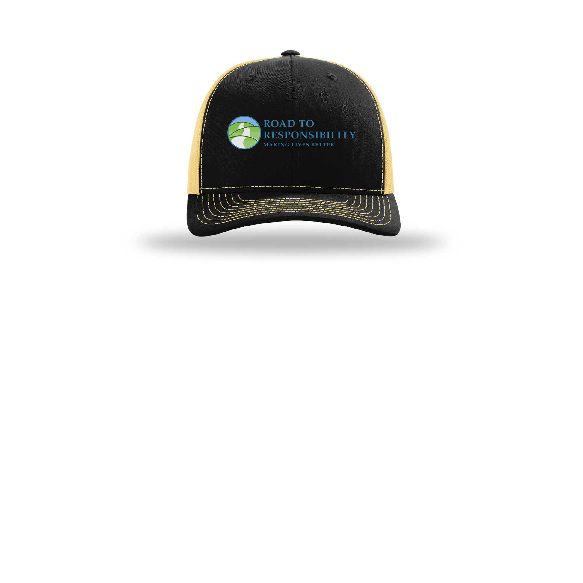 roadtoresponsibility-richardson-trucker-cap-embroidery-capfront-R112-blackvegasgold-flat-front