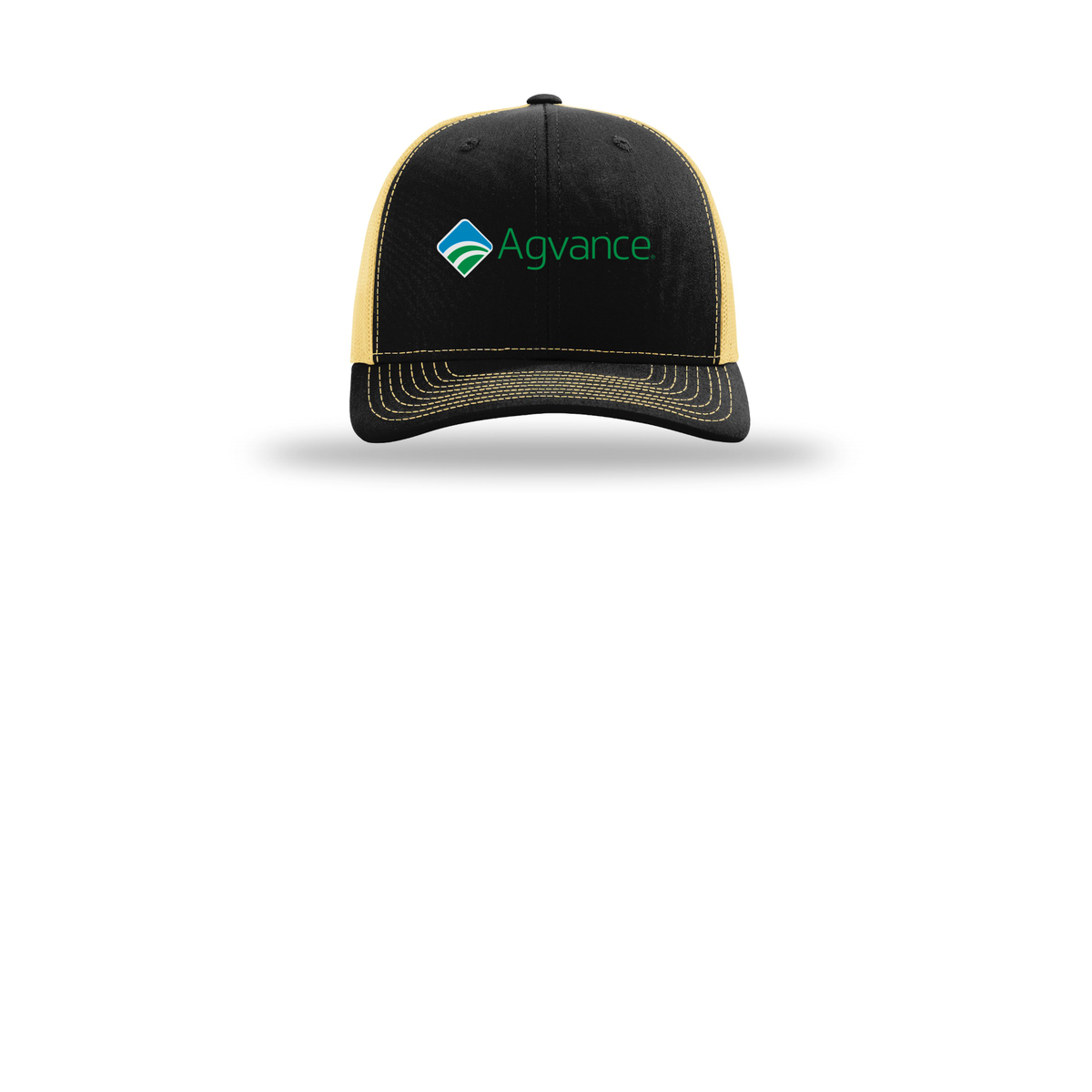 agvance-richardson-trucker-cap-embroidery-capfront-R112-blackvegasgold-flat-front